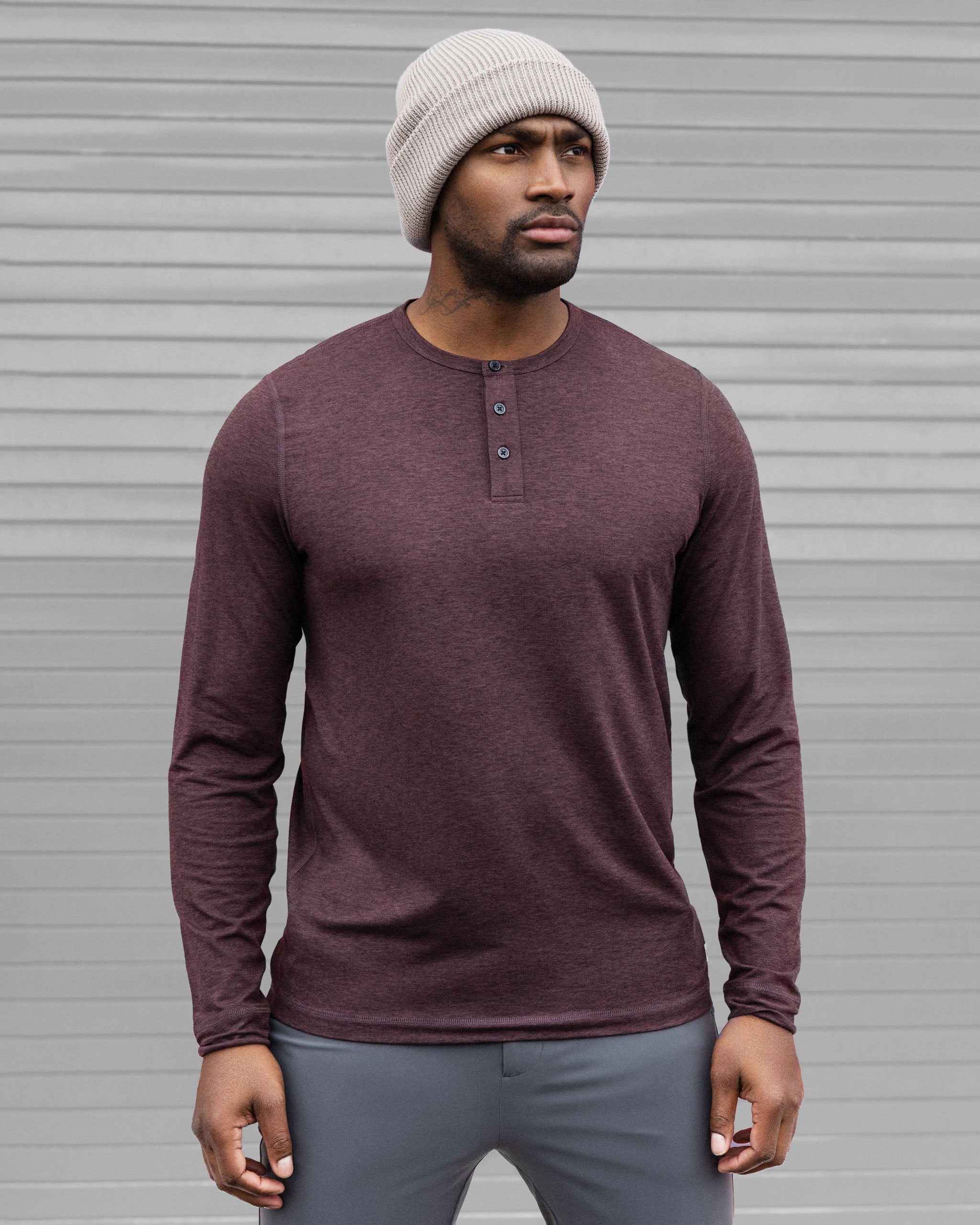 Long-Sleeve Ease Performance Henley | Mahogany Heather - Image 5