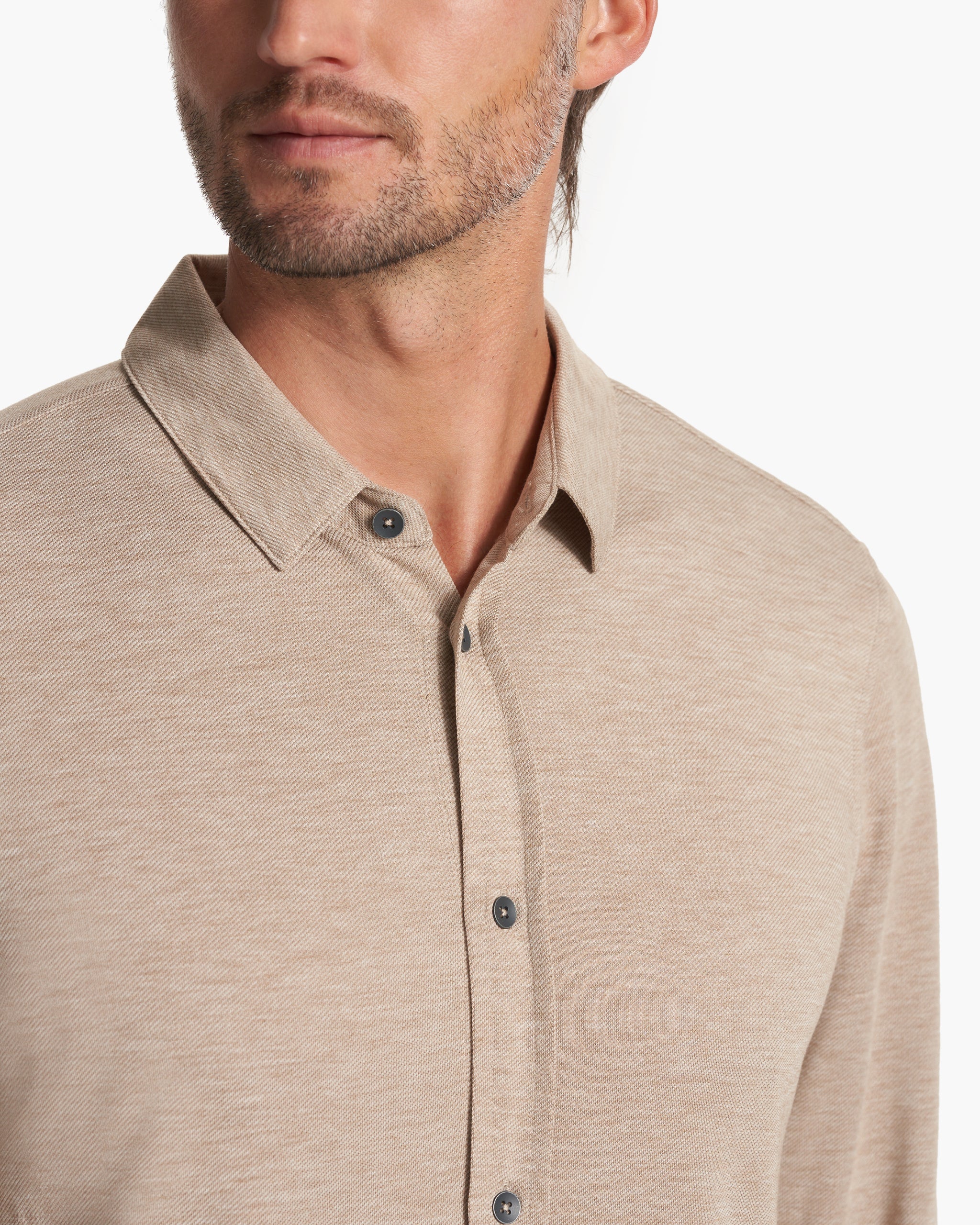 Long Sleeve Knit Twill Button Down | Camel Heather - Image 2