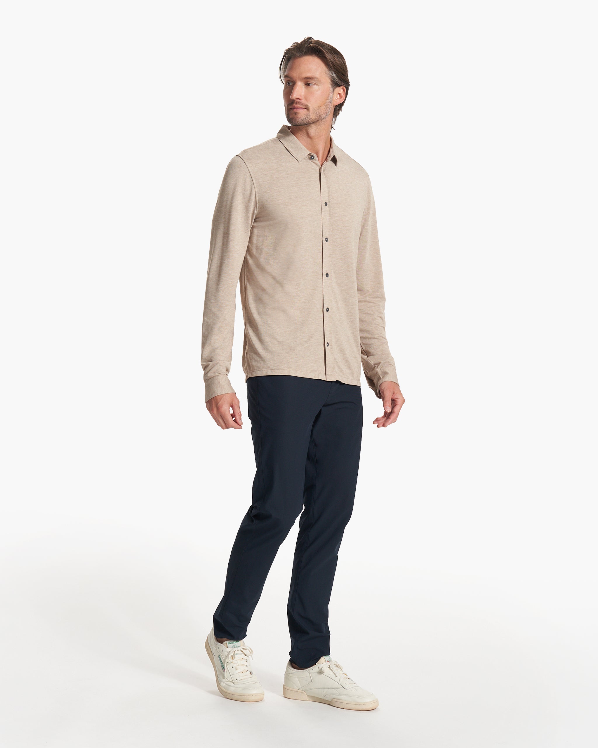 Long Sleeve Knit Twill Button Down | Camel Heather - Image 4