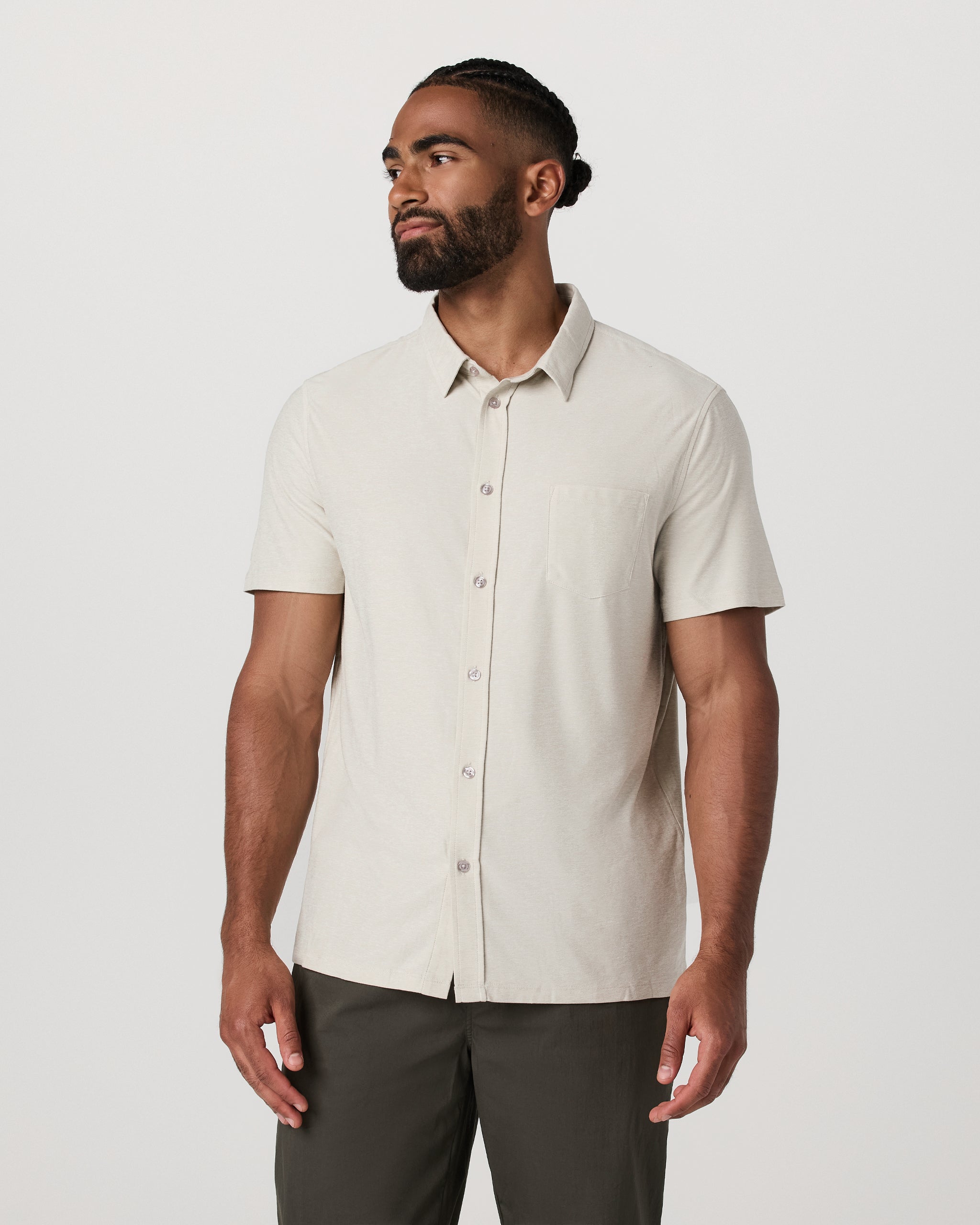 Short Sleeve Strato Button Down | Mushroom Heather - Image 2