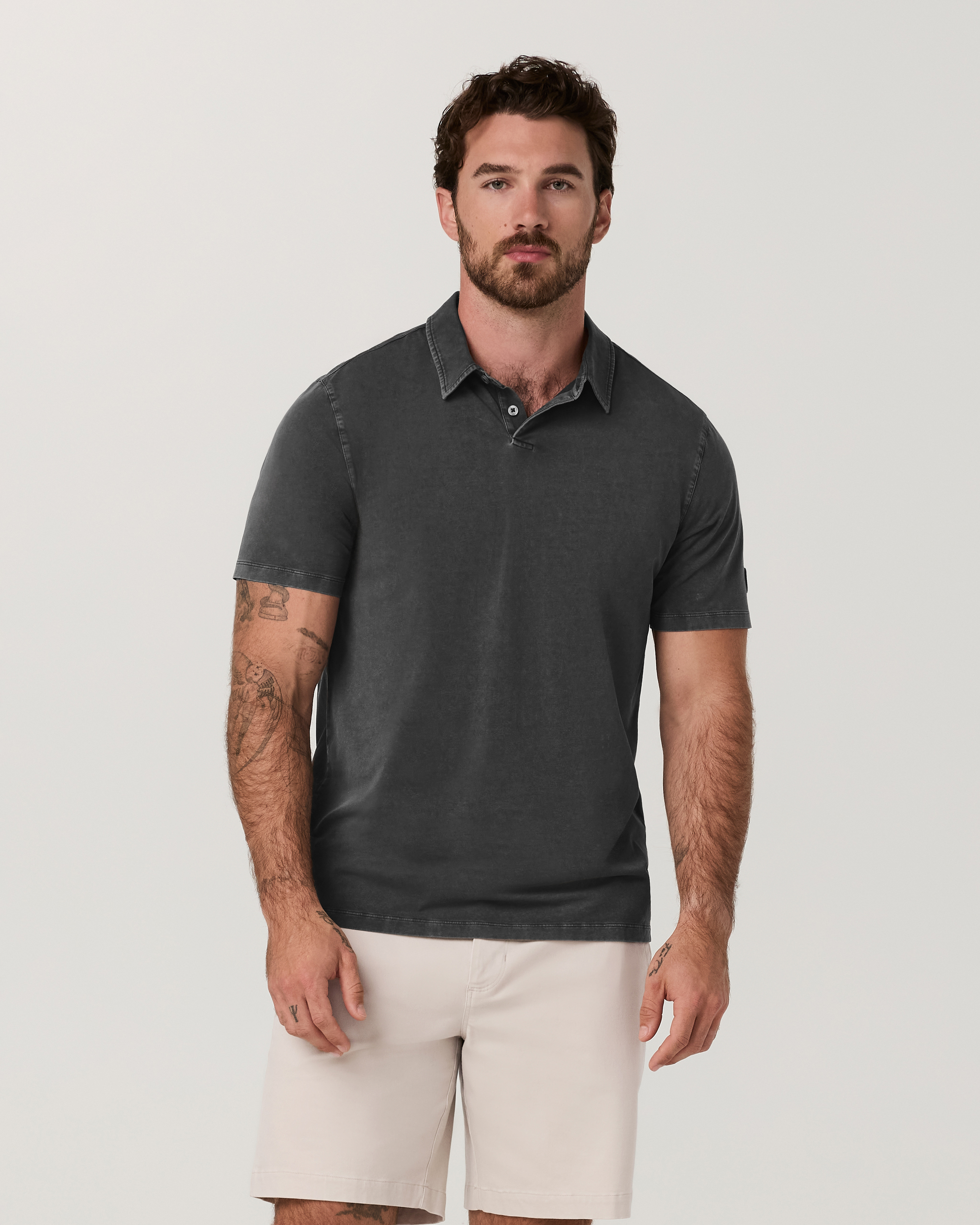 Short Sleeve Feather Polo | Dark Pewter Garment Dye