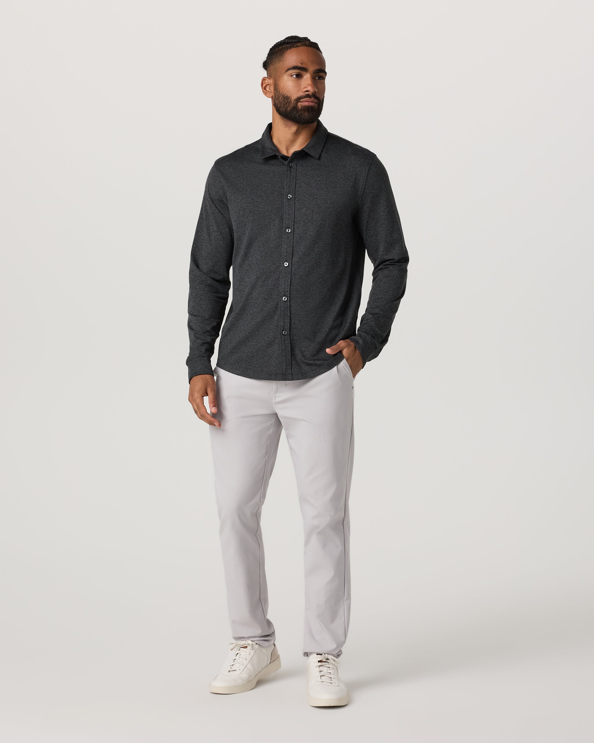 Long Sleeve Ponto Button Down Shirt | Charcoal Heather - Image 4
