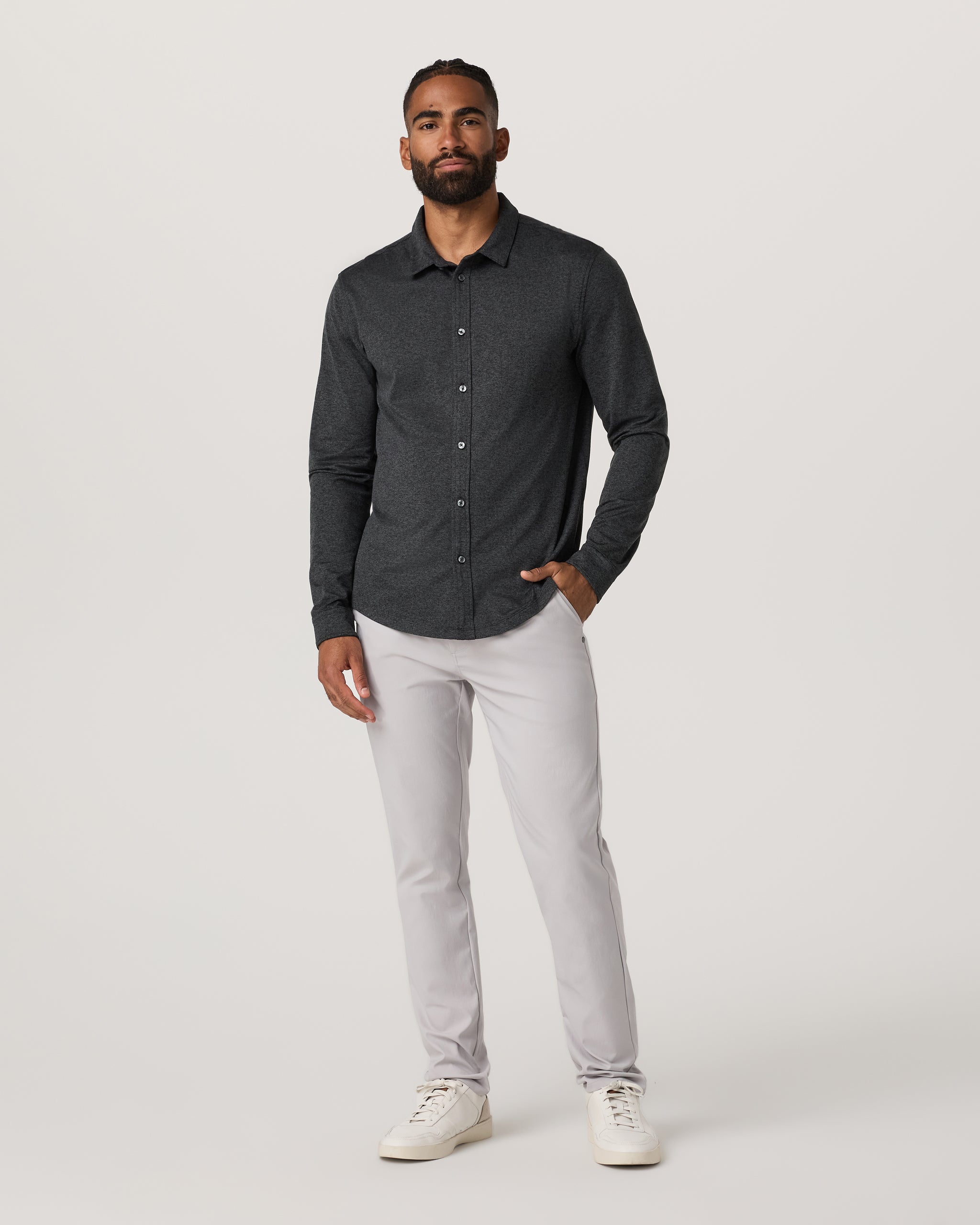 Long Sleeve Ponto Button Down Shirt | Charcoal Heather - Image 5