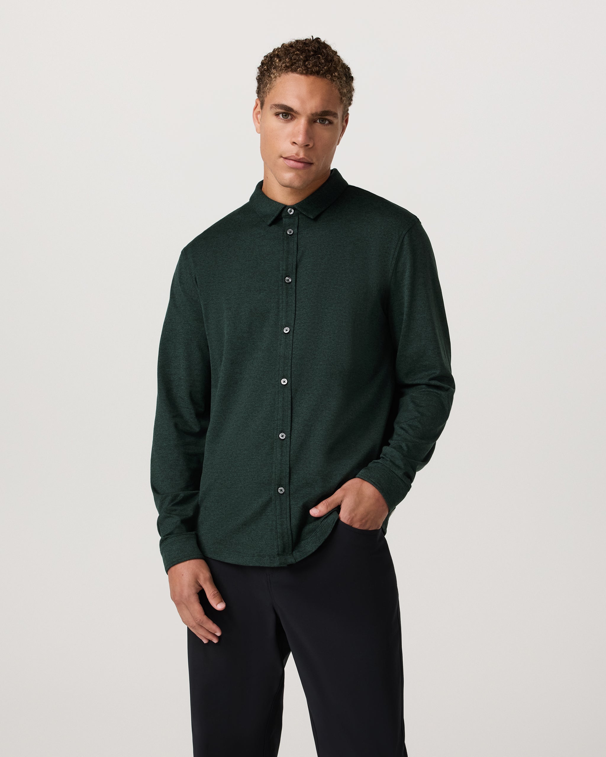 Long Sleeve Ponto Button Down Shirt | Evergreen Heather - Image 2
