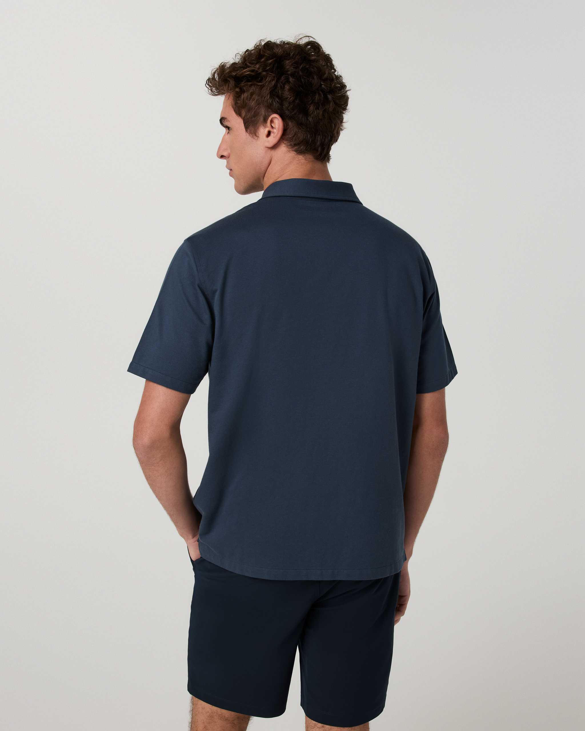 Short Sleeve Knit Oxford Camp Collar Button Down | Ocean Blue - Image 3