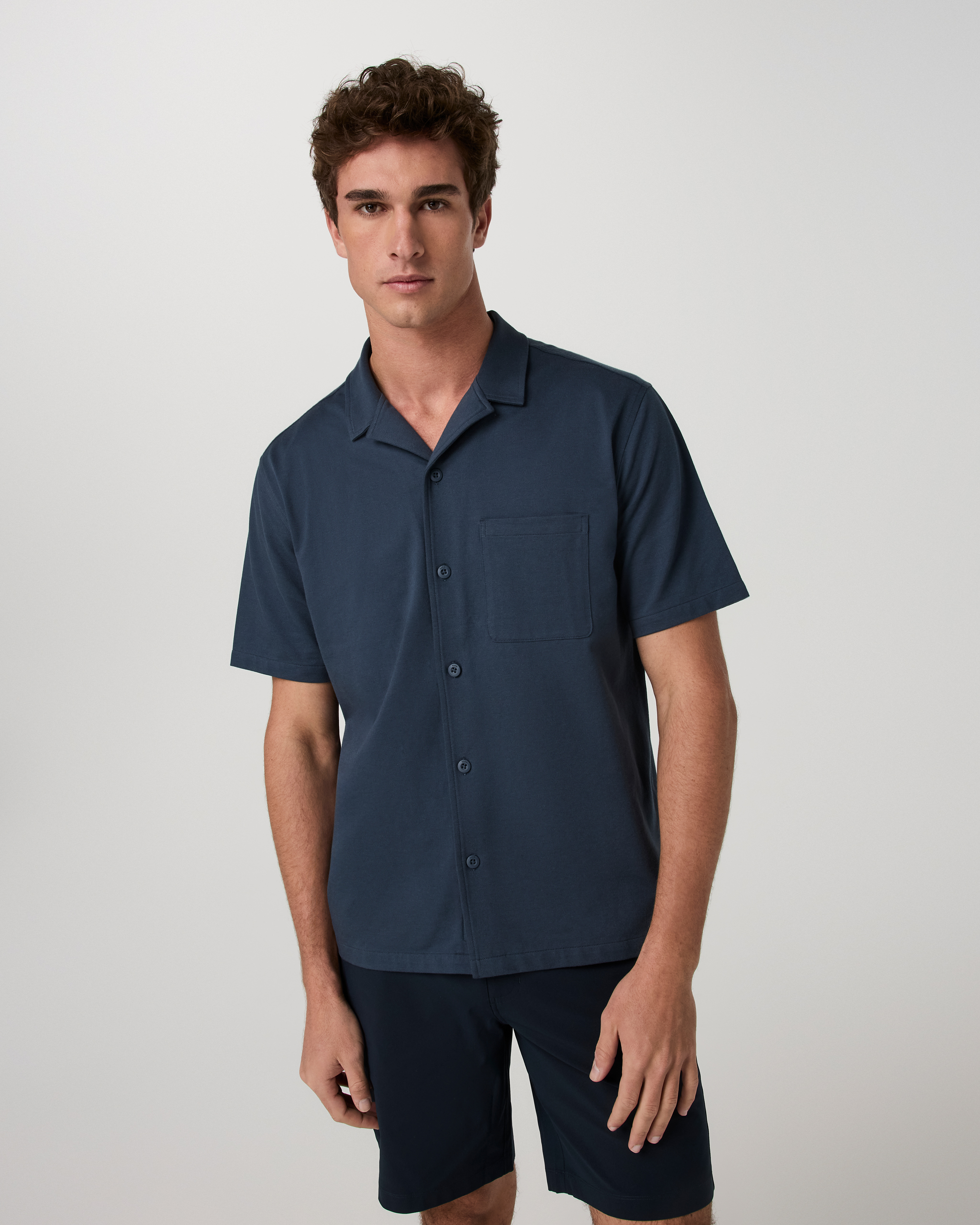 Short Sleeve Knit Oxford Camp Collar Button Down | Ocean Blue - Image 5