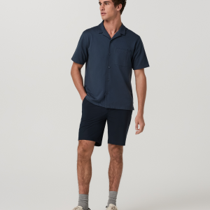 Short Sleeve Knit Oxford Camp Collar Button Down | Ocean Blue