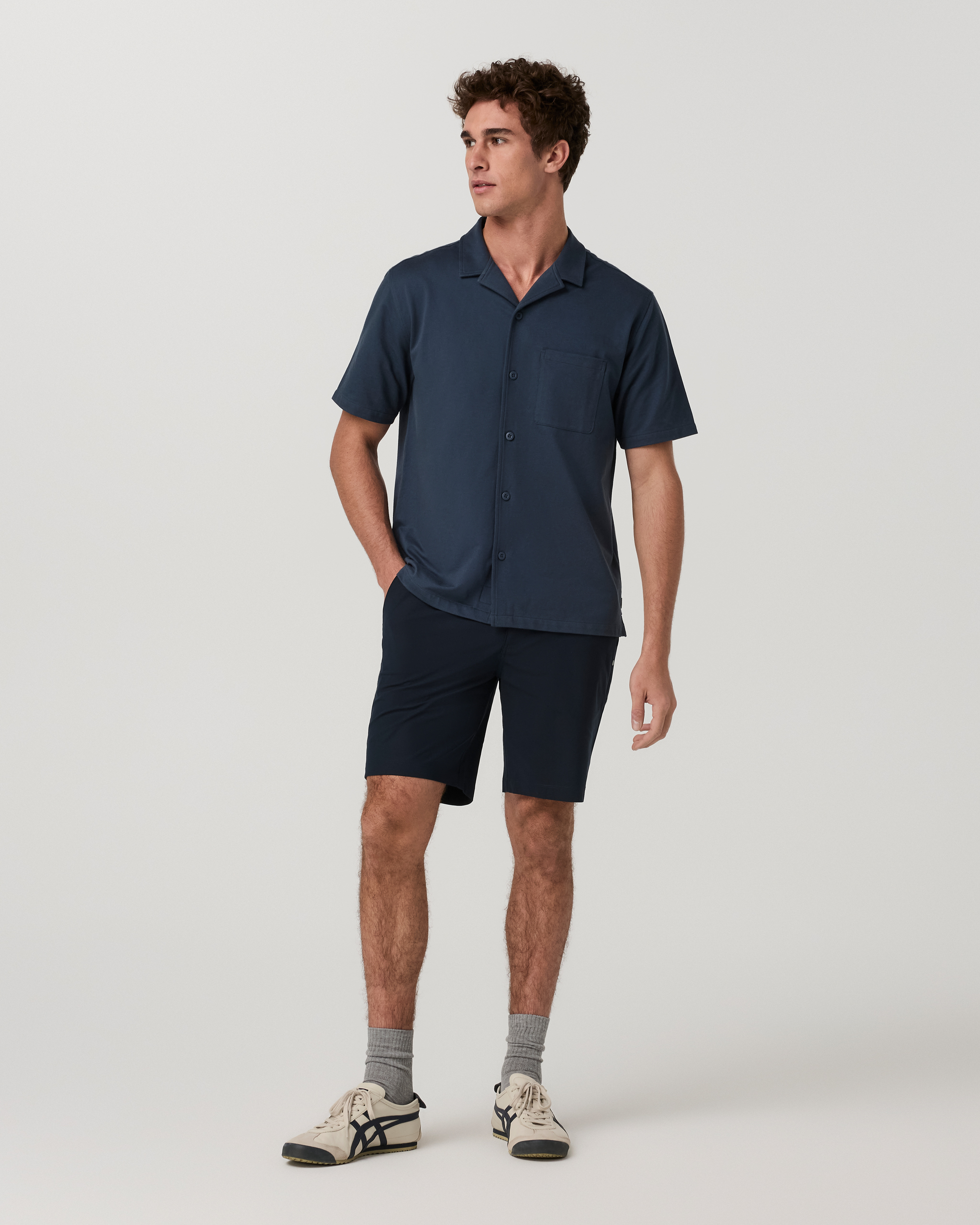 Short Sleeve Knit Oxford Camp Collar Button Down | Ocean Blue