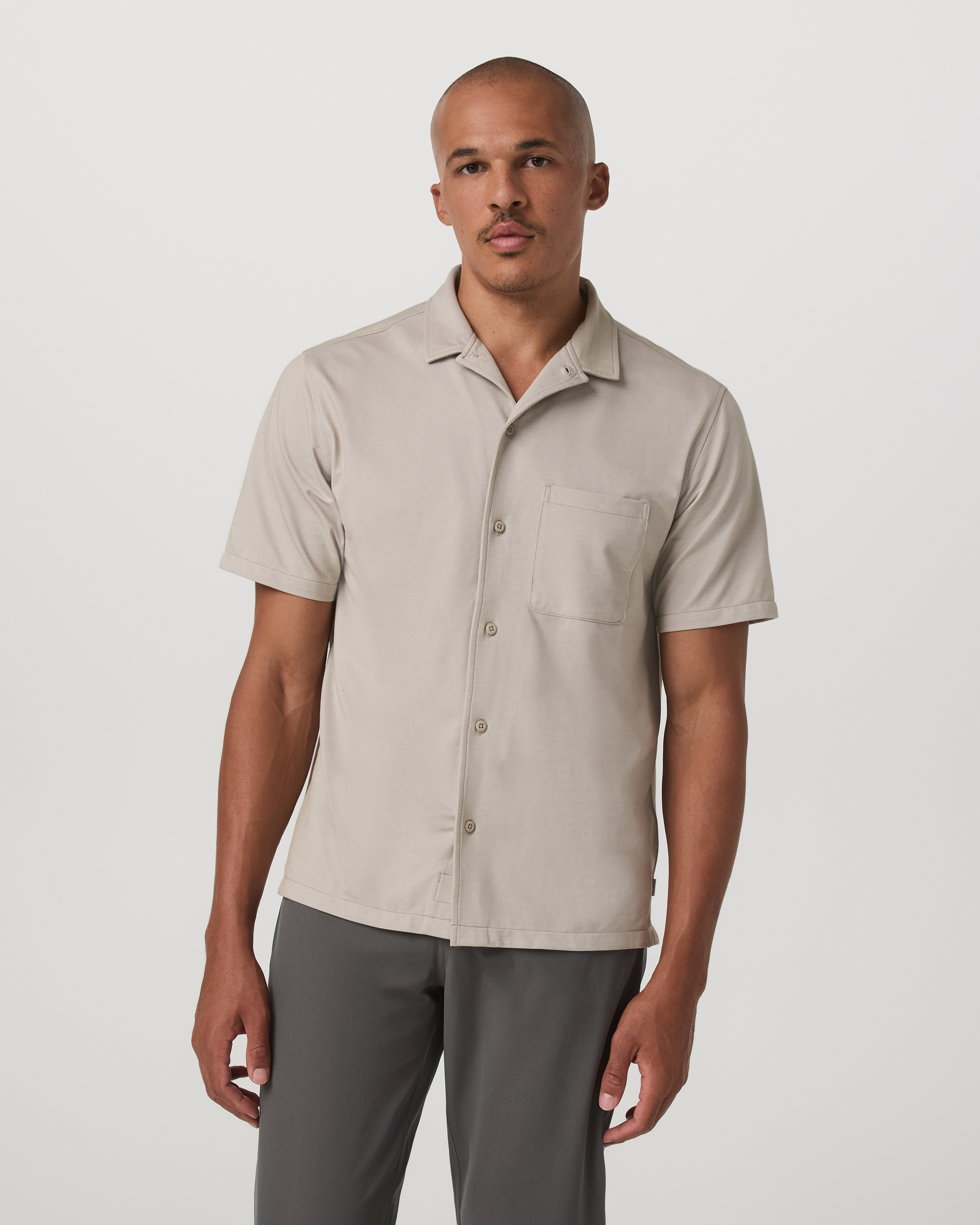 Short Sleeve Knit Oxford Camp Collar Button Down | Truffle
