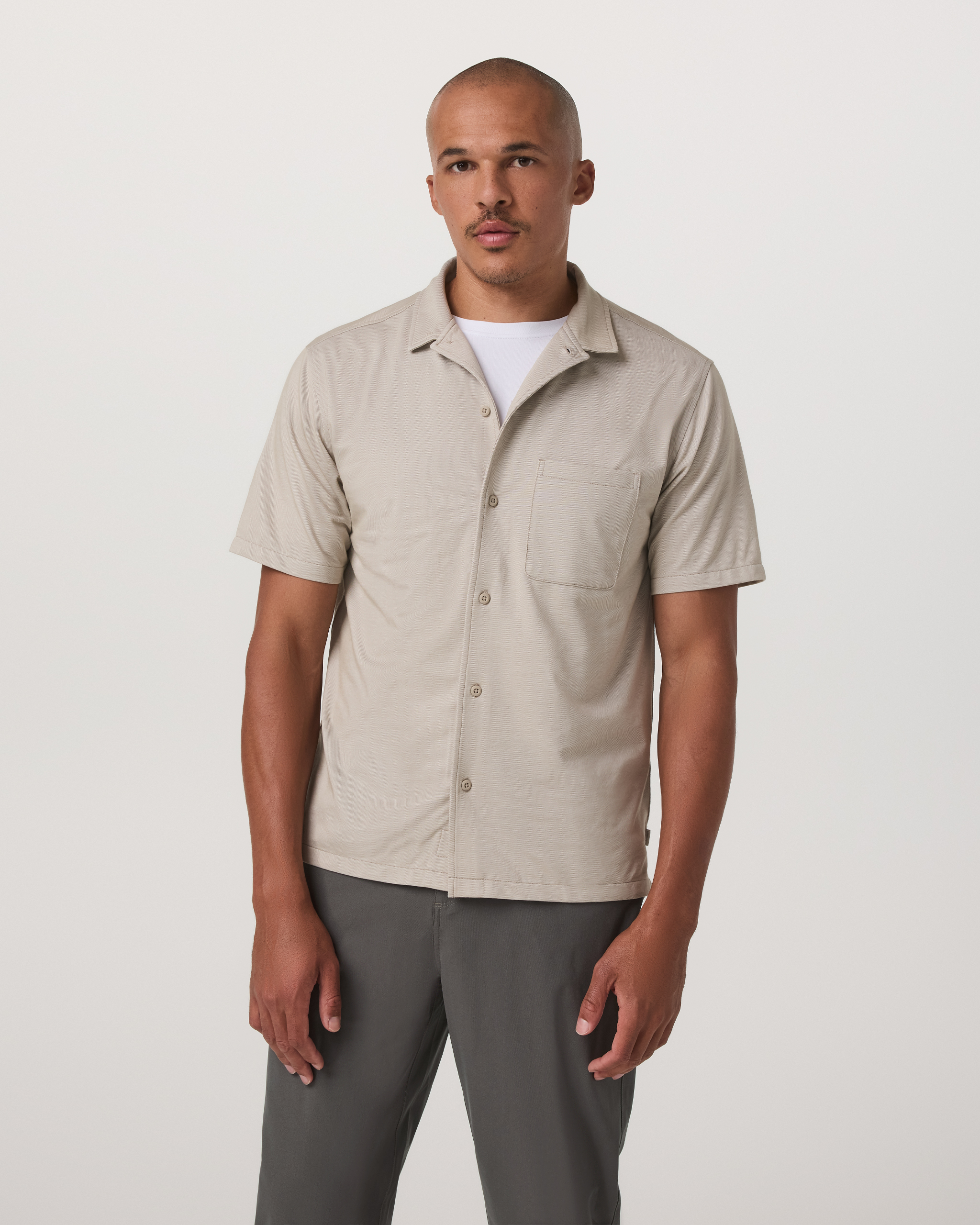 Short Sleeve Knit Oxford Camp Collar Button Down | Truffle - Image 5