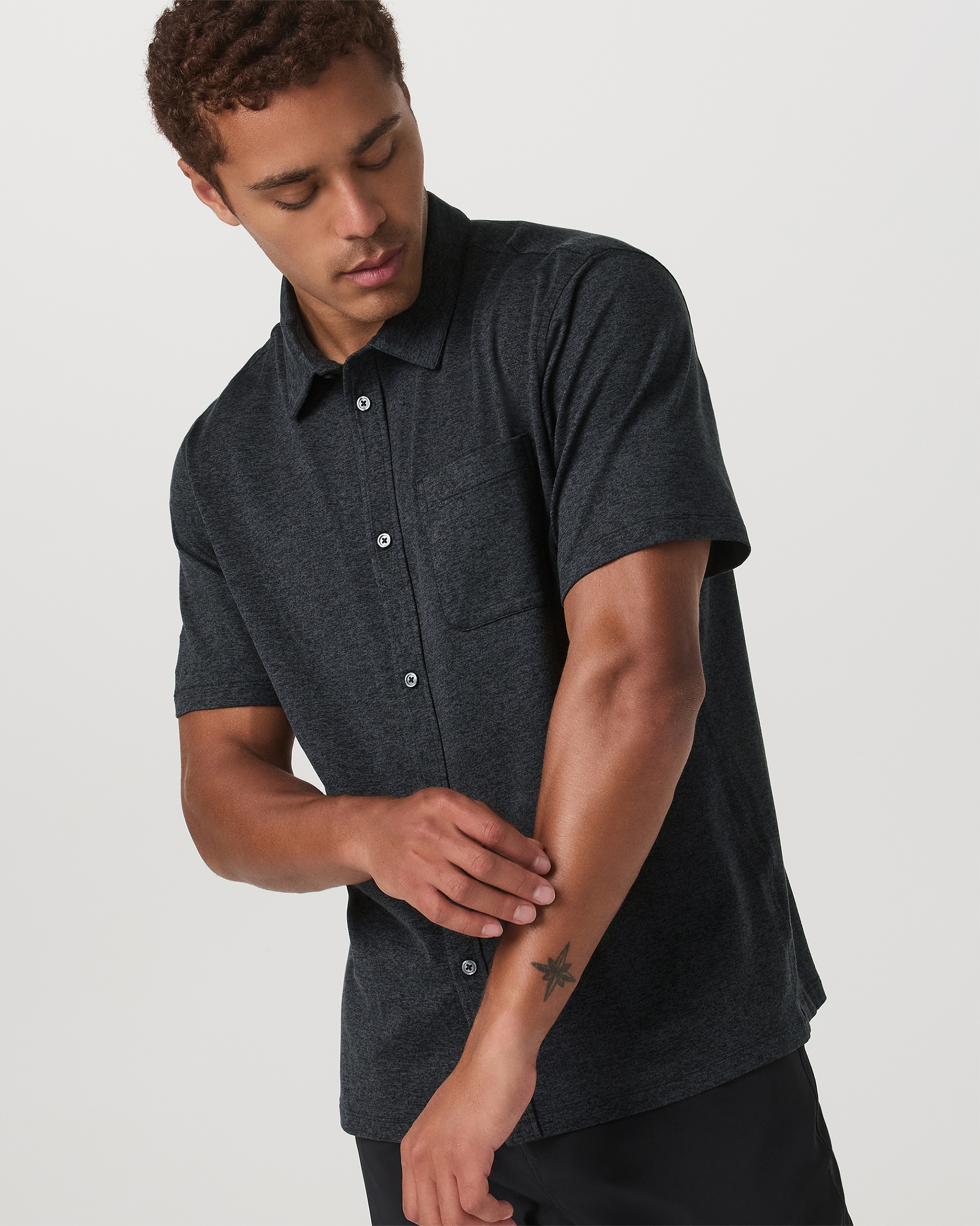 Short Sleeve Ponto Button Down Shirt | Charcoal Heather - Image 5