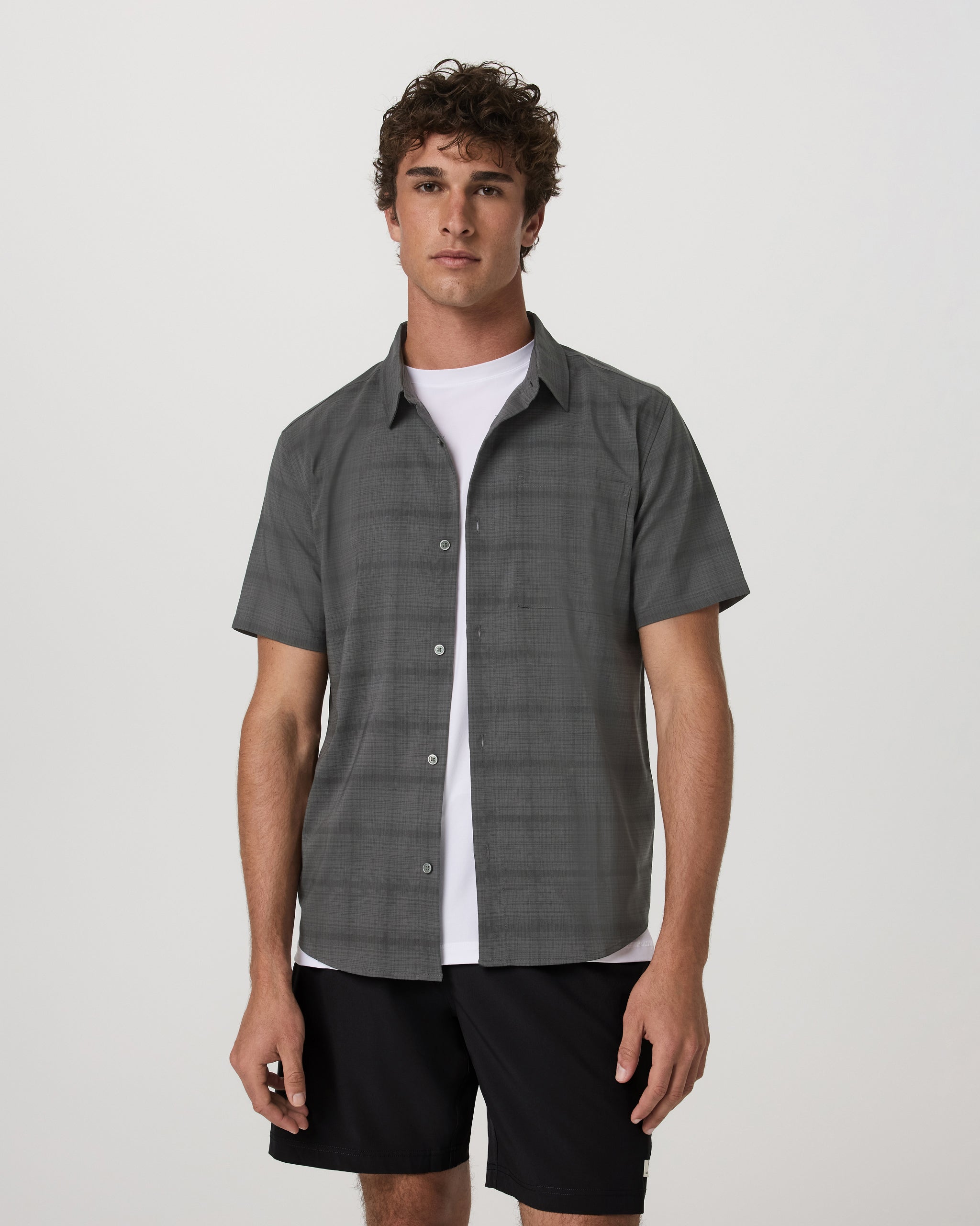 Short Sleeve Plaid Button Down Shirt | Dark Pewter