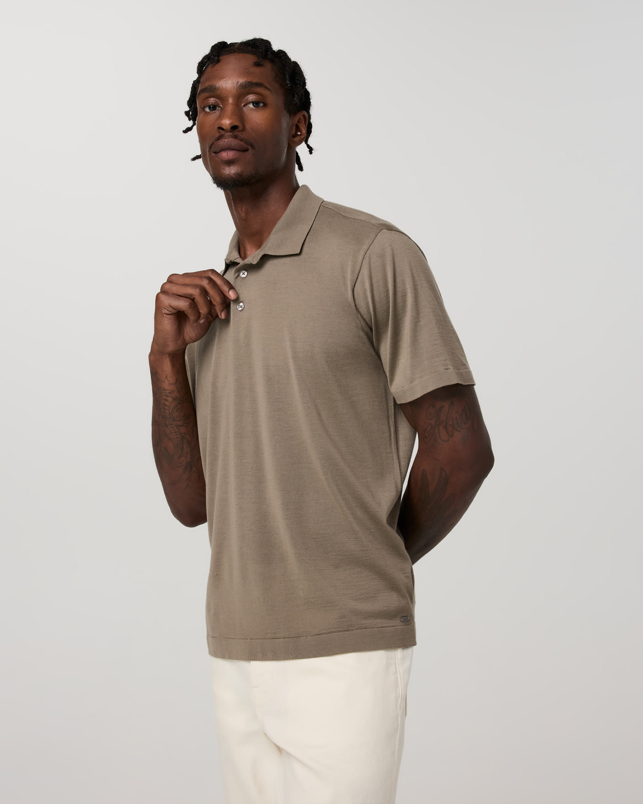 Short Sleeve Merino Wool Sweater Polo | Taupe