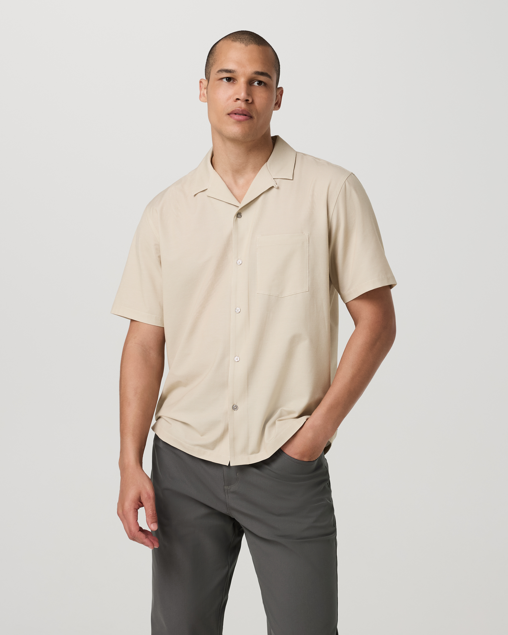 Short Sleeve Bridge Shirt - Camp Collar | Golden Brown Micro Stripe