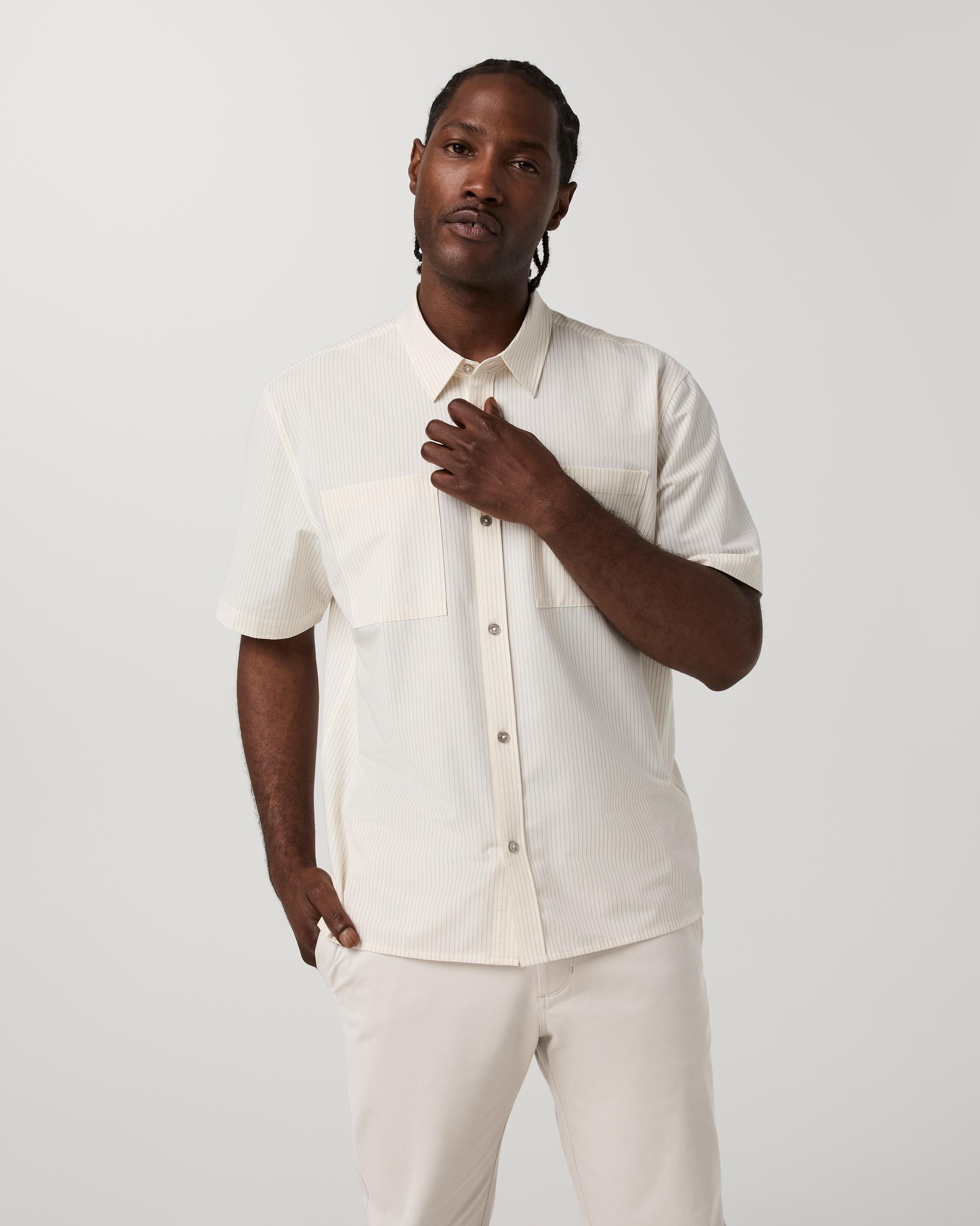 Short Sleeve Bridge Button Down - Relaxed Fit | Natural Pinstripe - Image 2