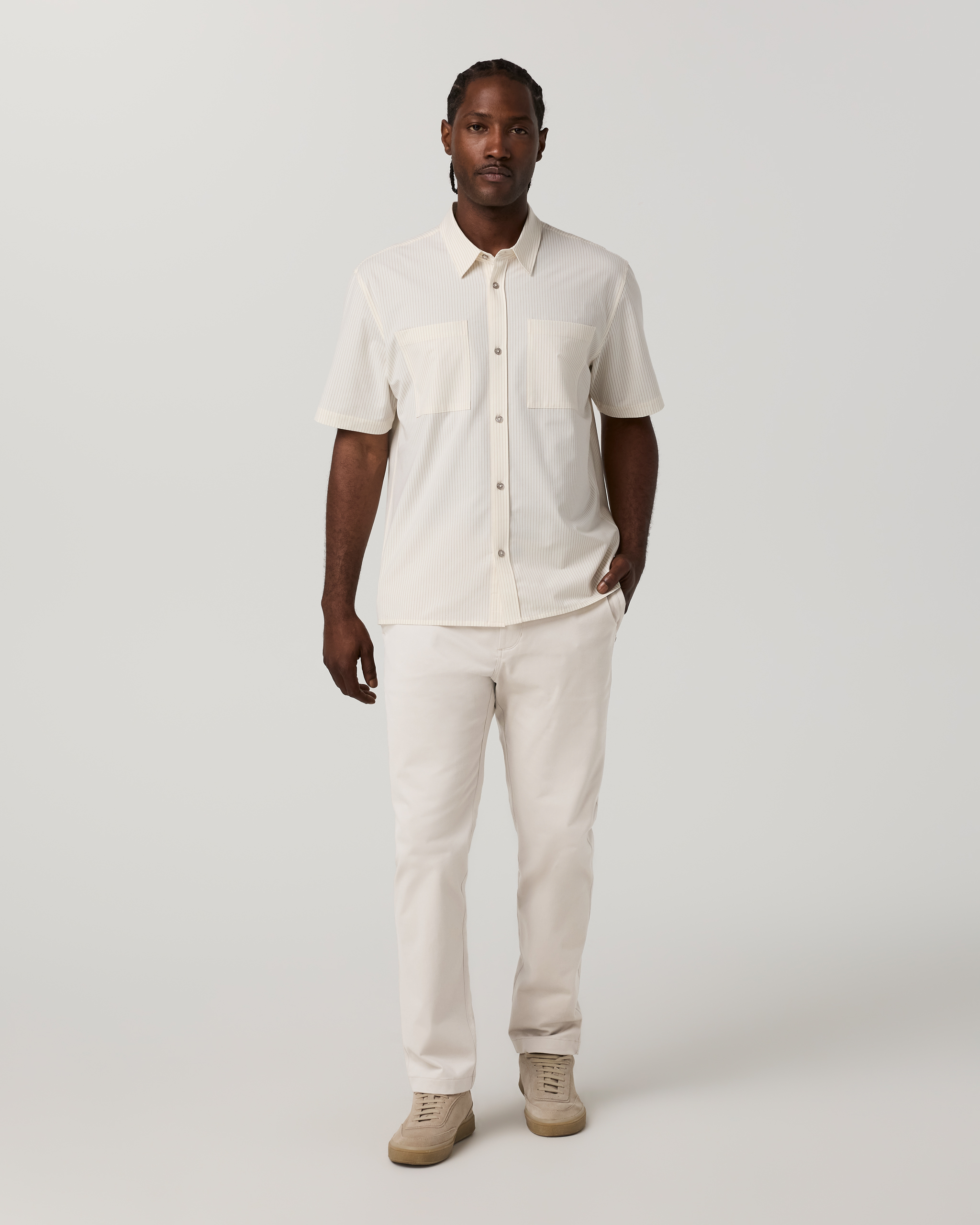 Short Sleeve Bridge Button Down - Relaxed Fit | Natural Pinstripe - Image 5