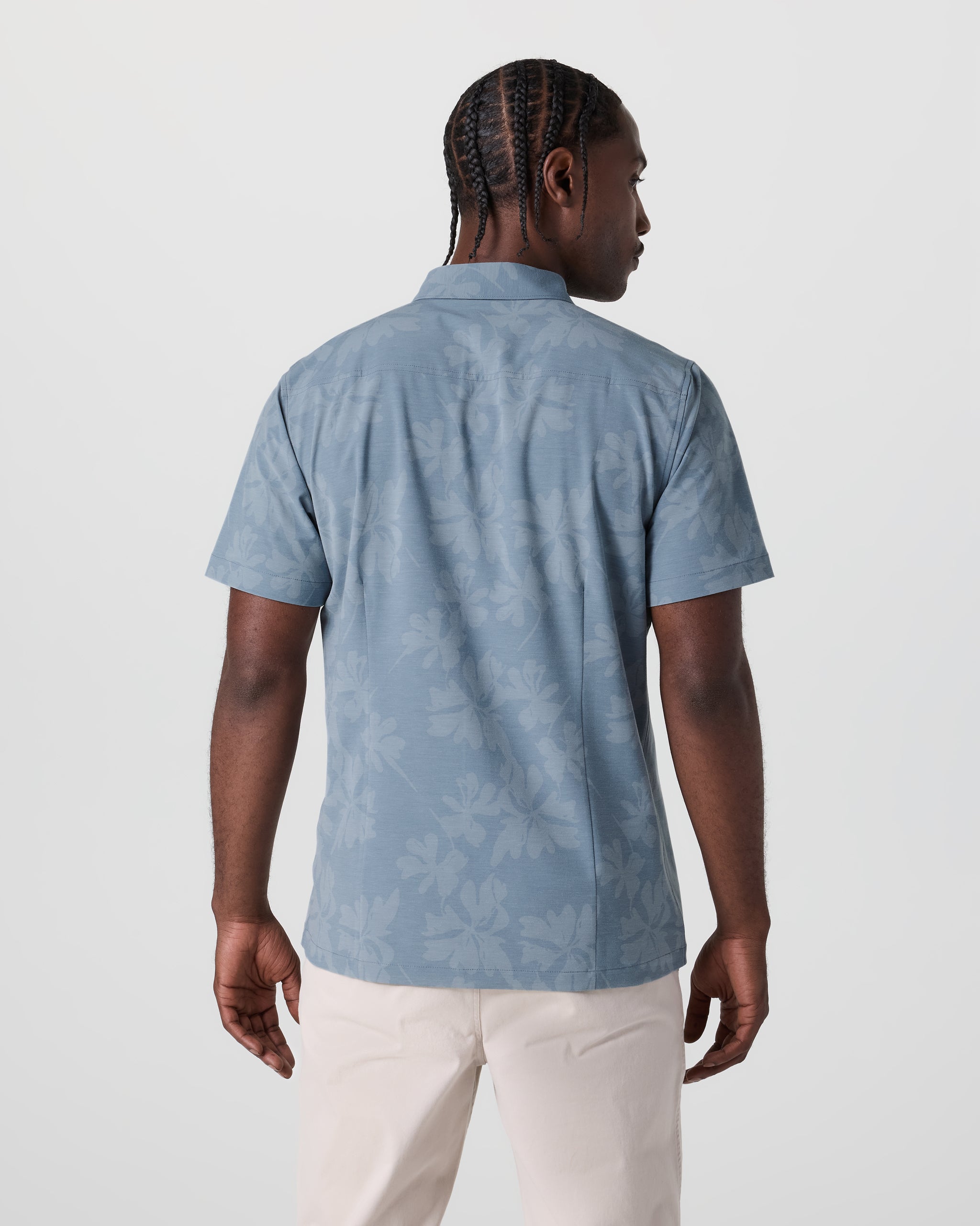 Short Sleeve Bridge Button Down | Dusty Blue Plumeria - Image 3