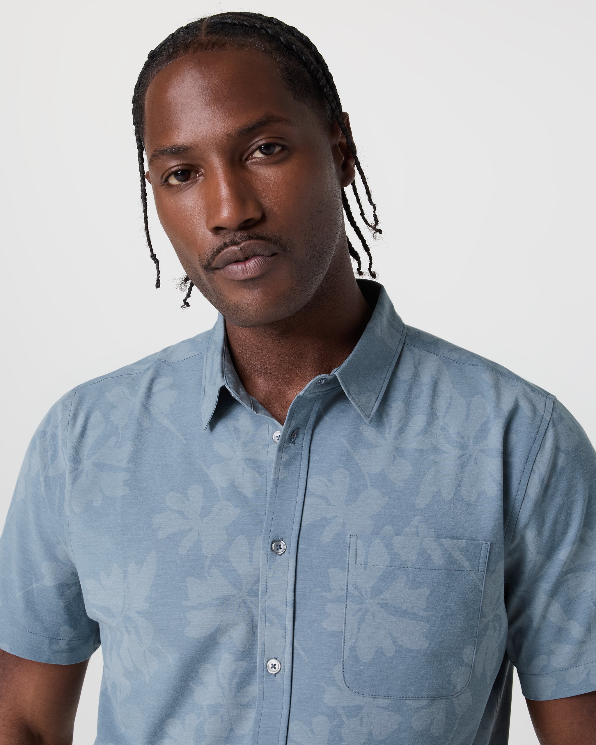 Short Sleeve Bridge Button Down | Dusty Blue Plumeria - Image 2