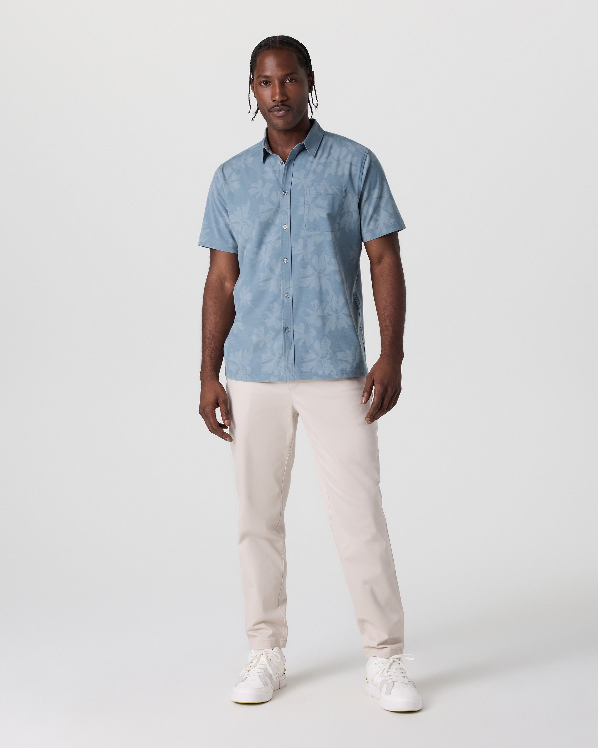 Short Sleeve Bridge Button Down | Dusty Blue Plumeria - Image 4