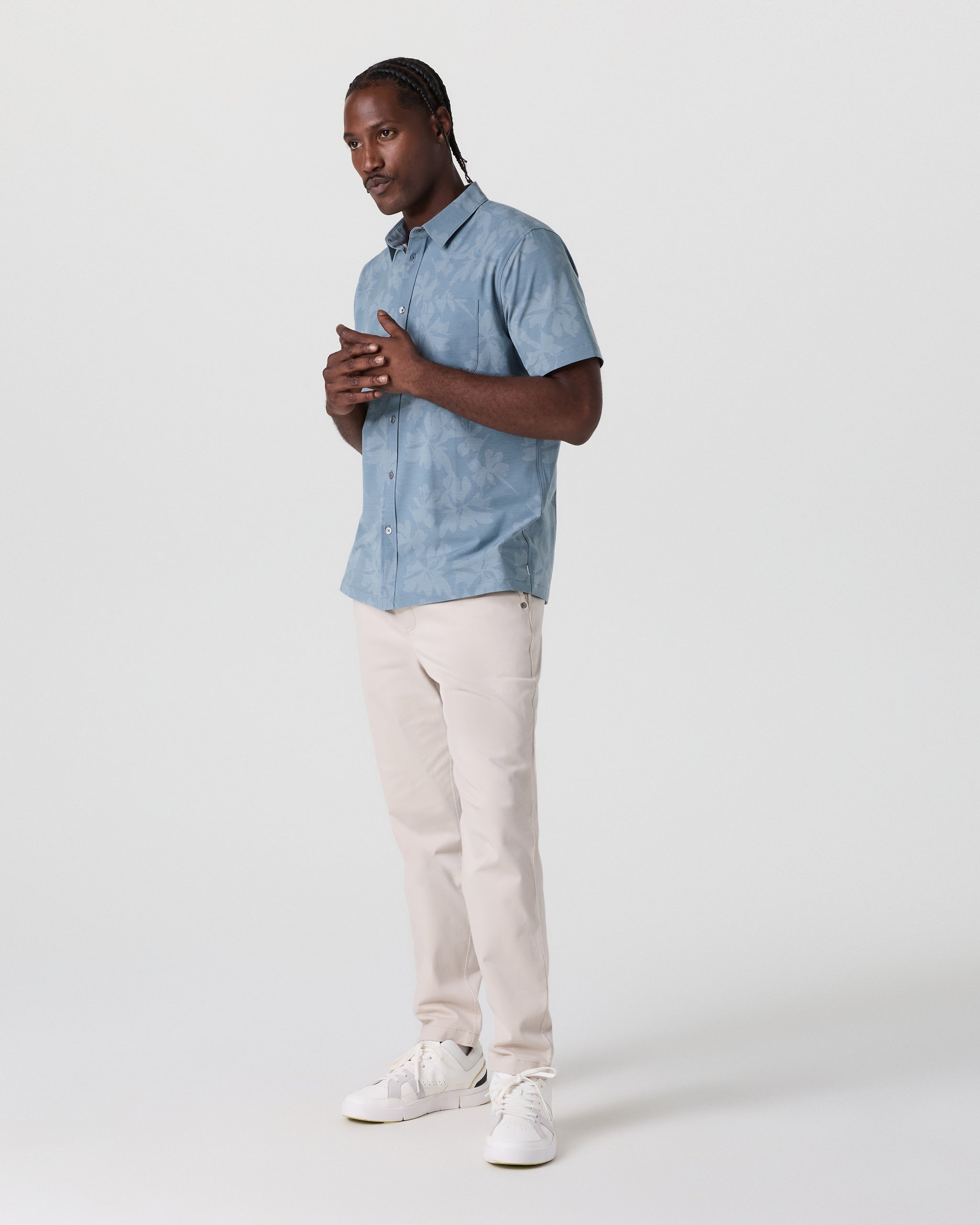 Short Sleeve Bridge Button Down | Dusty Blue Plumeria - Image 5
