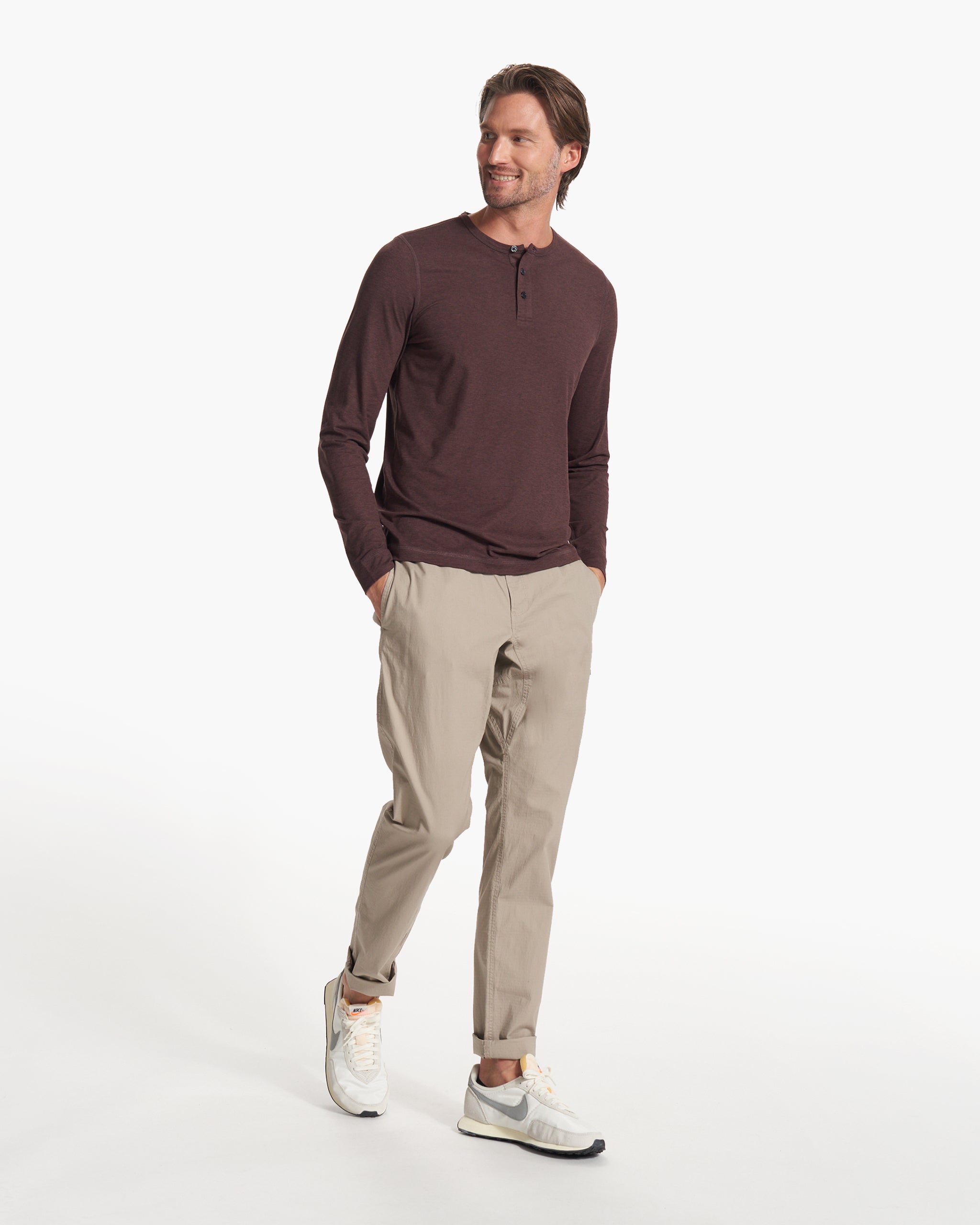Long-Sleeve Ease Performance Henley | Mahogany Heather - Image 3