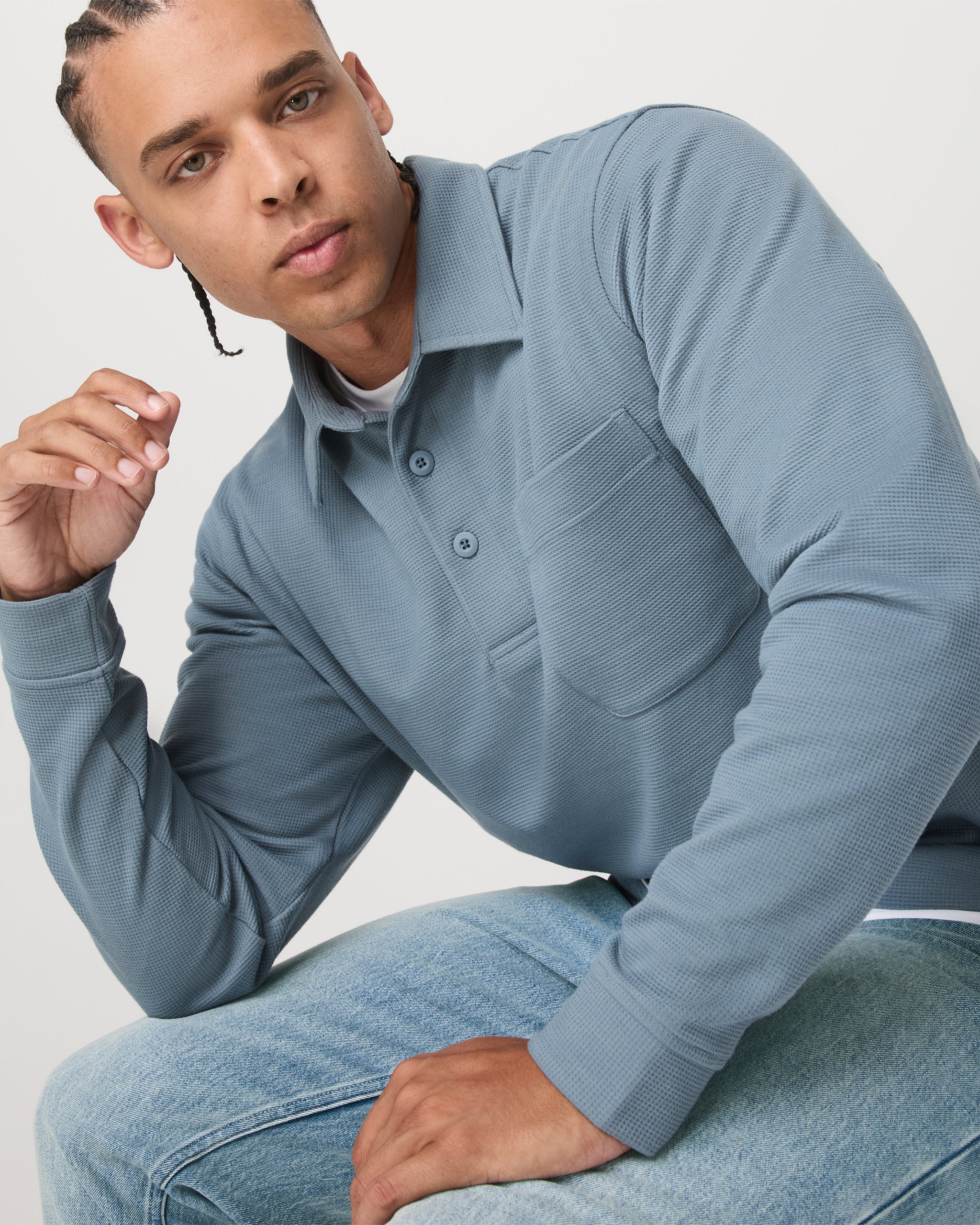 Long Sleeve Waffle Polo | Abyss
