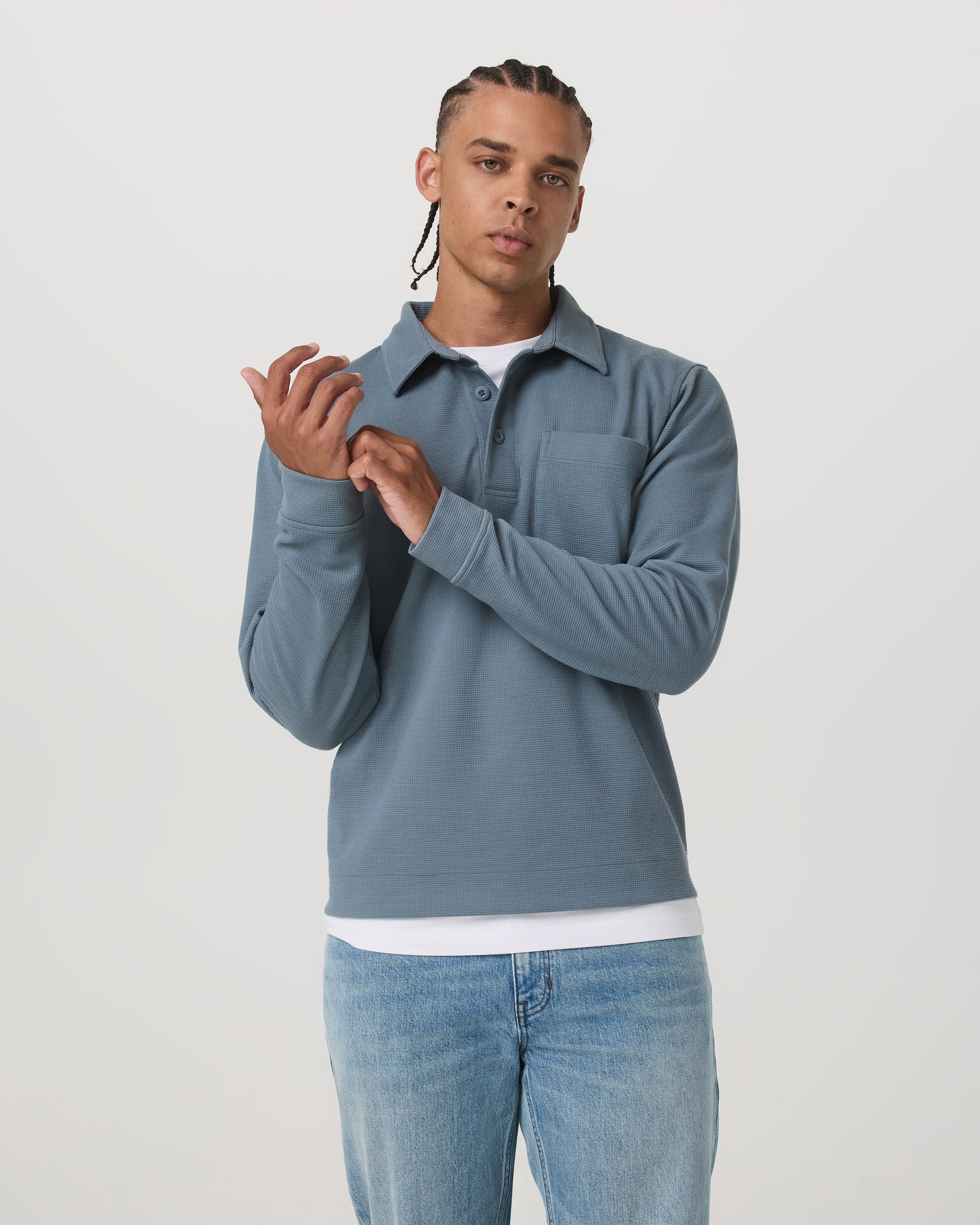 Long Sleeve Waffle Polo | Abyss - Image 2