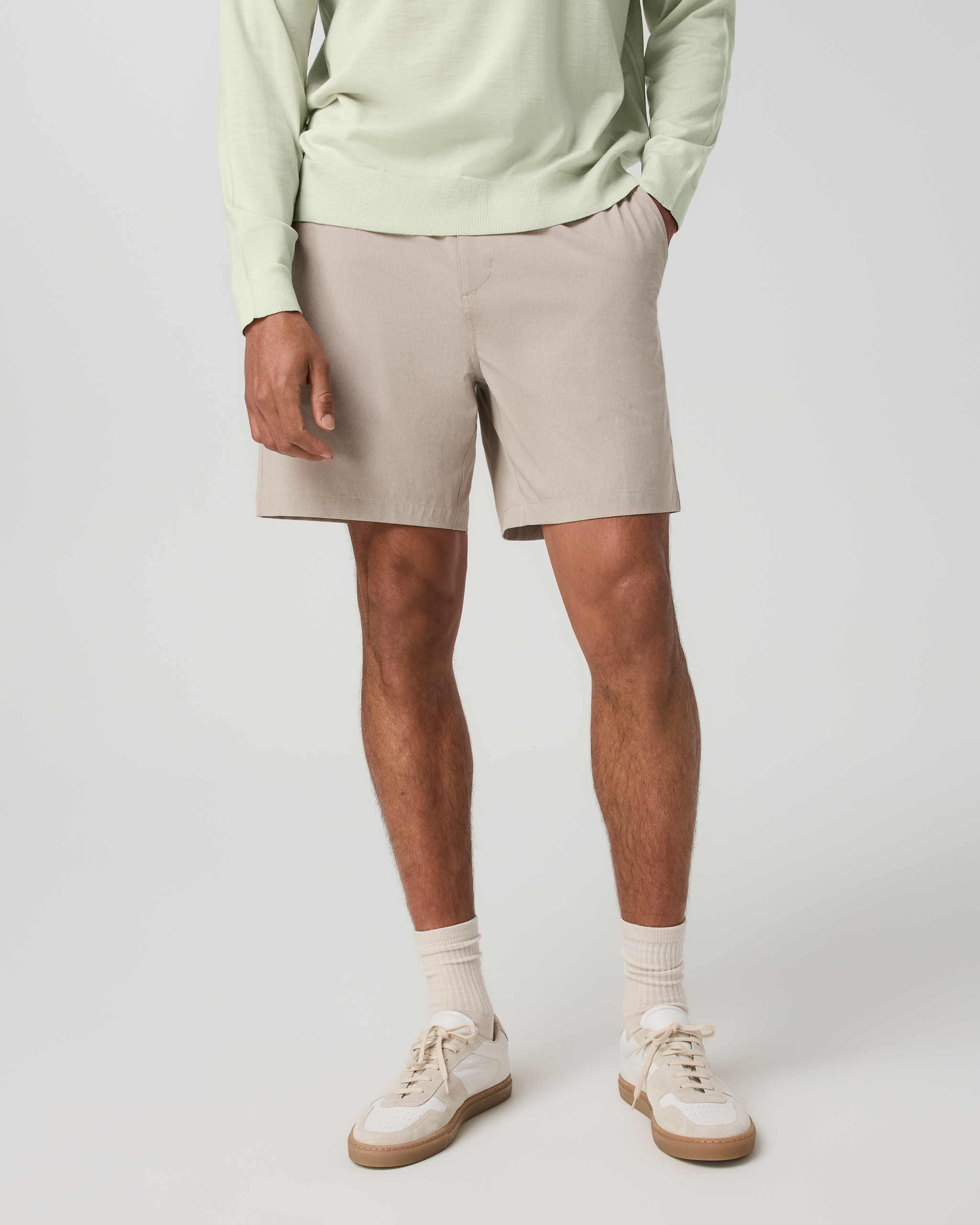 Aim Elastic Waist Short 7 | Khaki Linen Texture