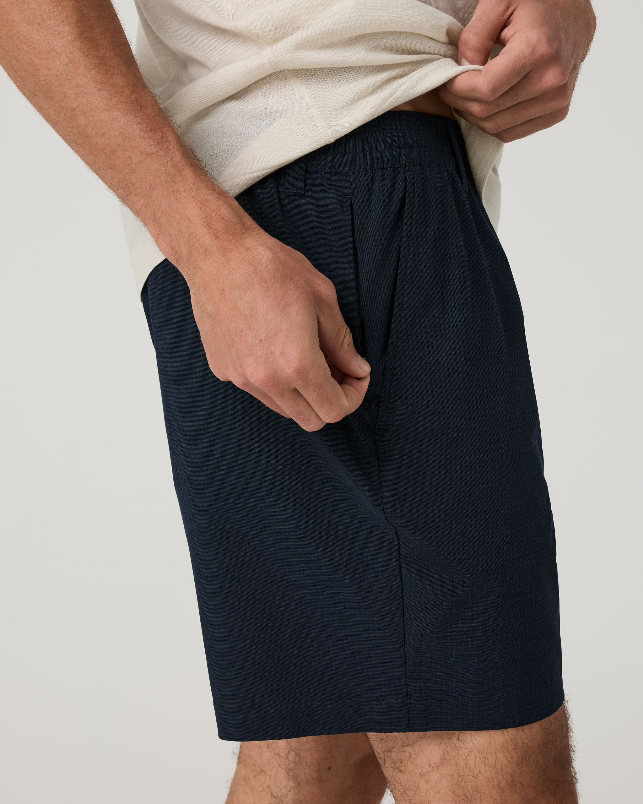 Aim Elastic Waist Short 7 | Navy Houndstooth Linen Texture - Image 3