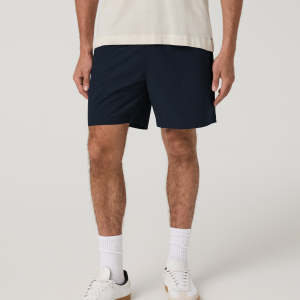 Aim Elastic Waist Short 7 | Navy Houndstooth Linen Texture