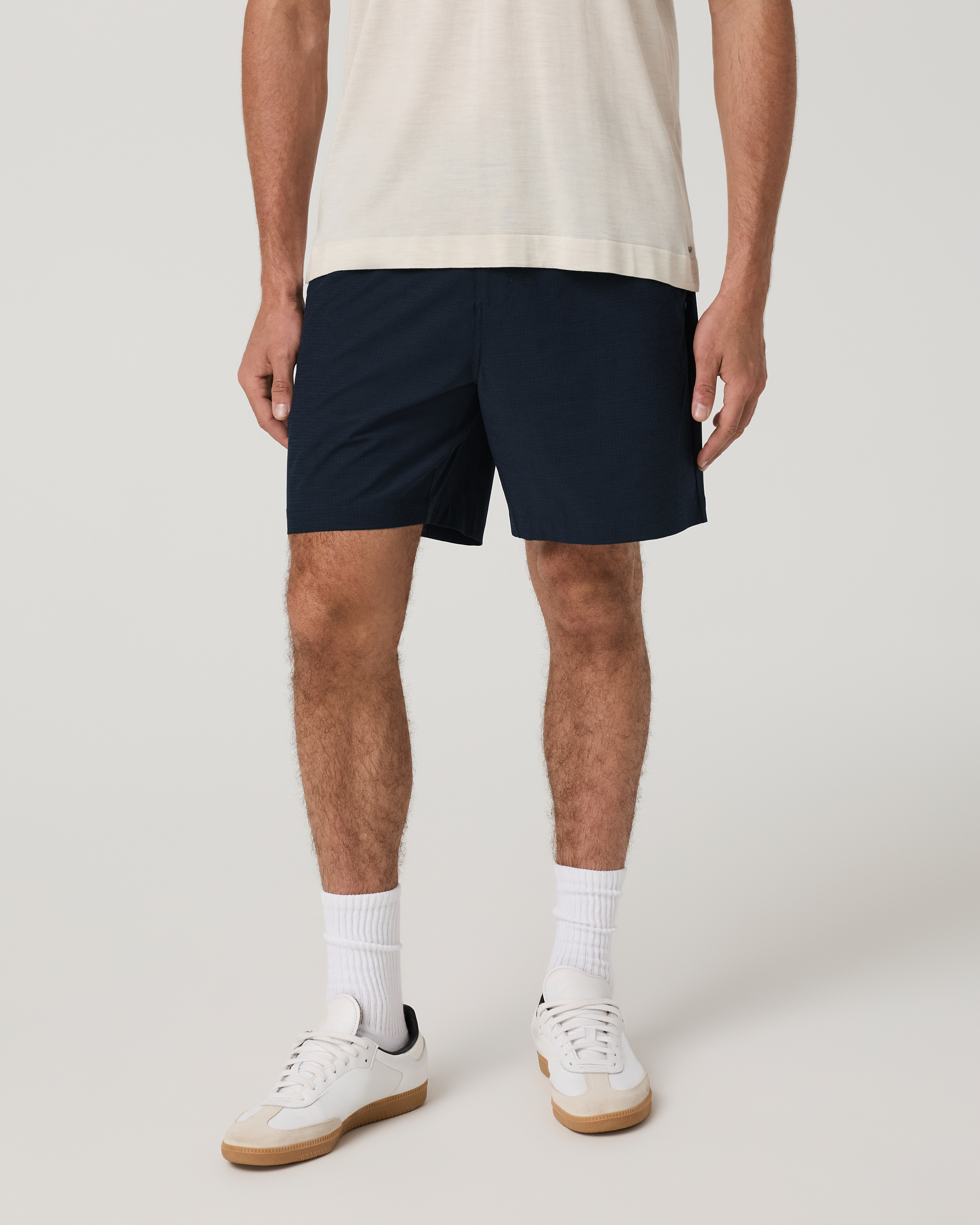 Aim Elastic Waist Short 7 | Navy Houndstooth Linen Texture
