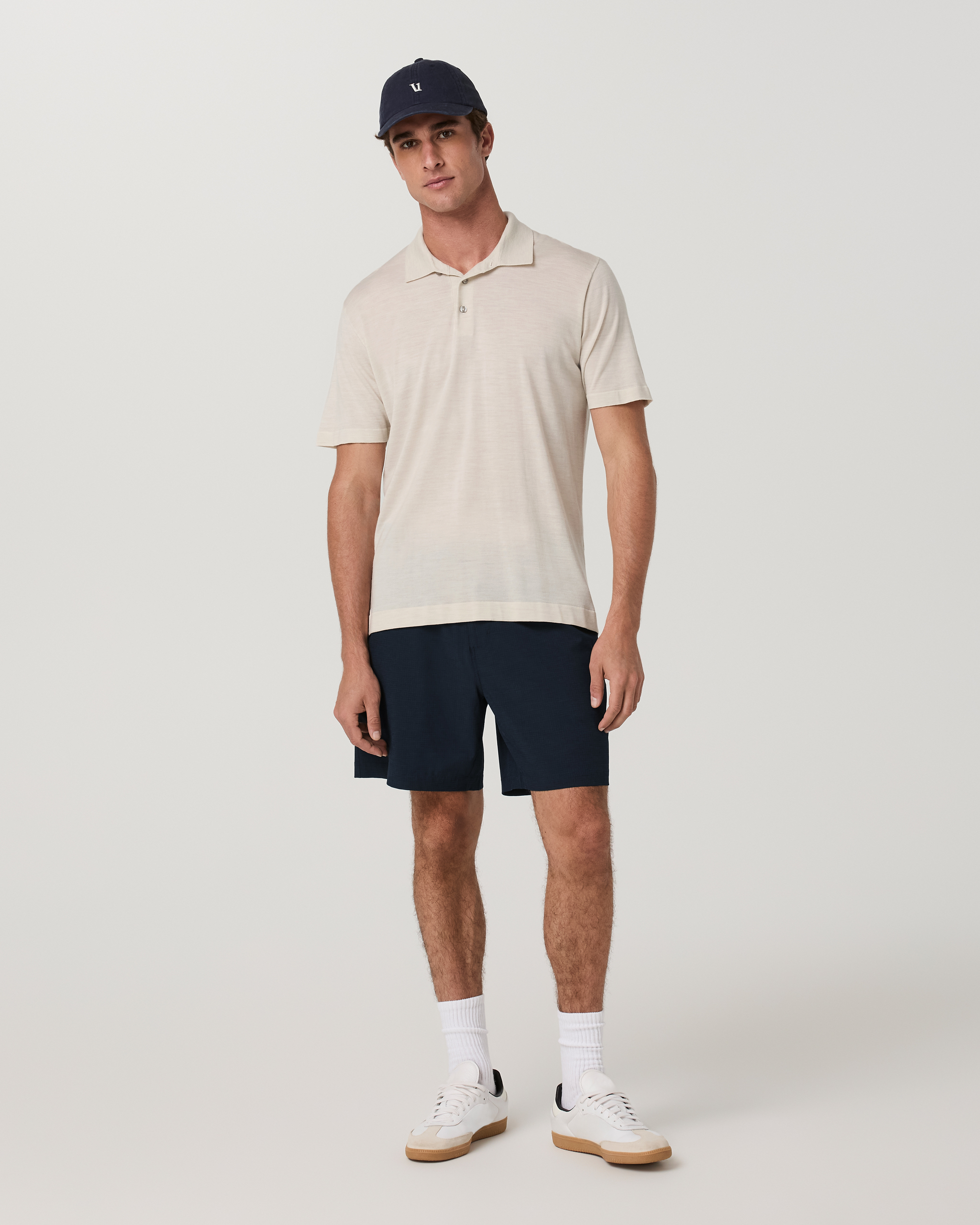 Aim Elastic Waist Short 7 | Navy Houndstooth Linen Texture - Image 4