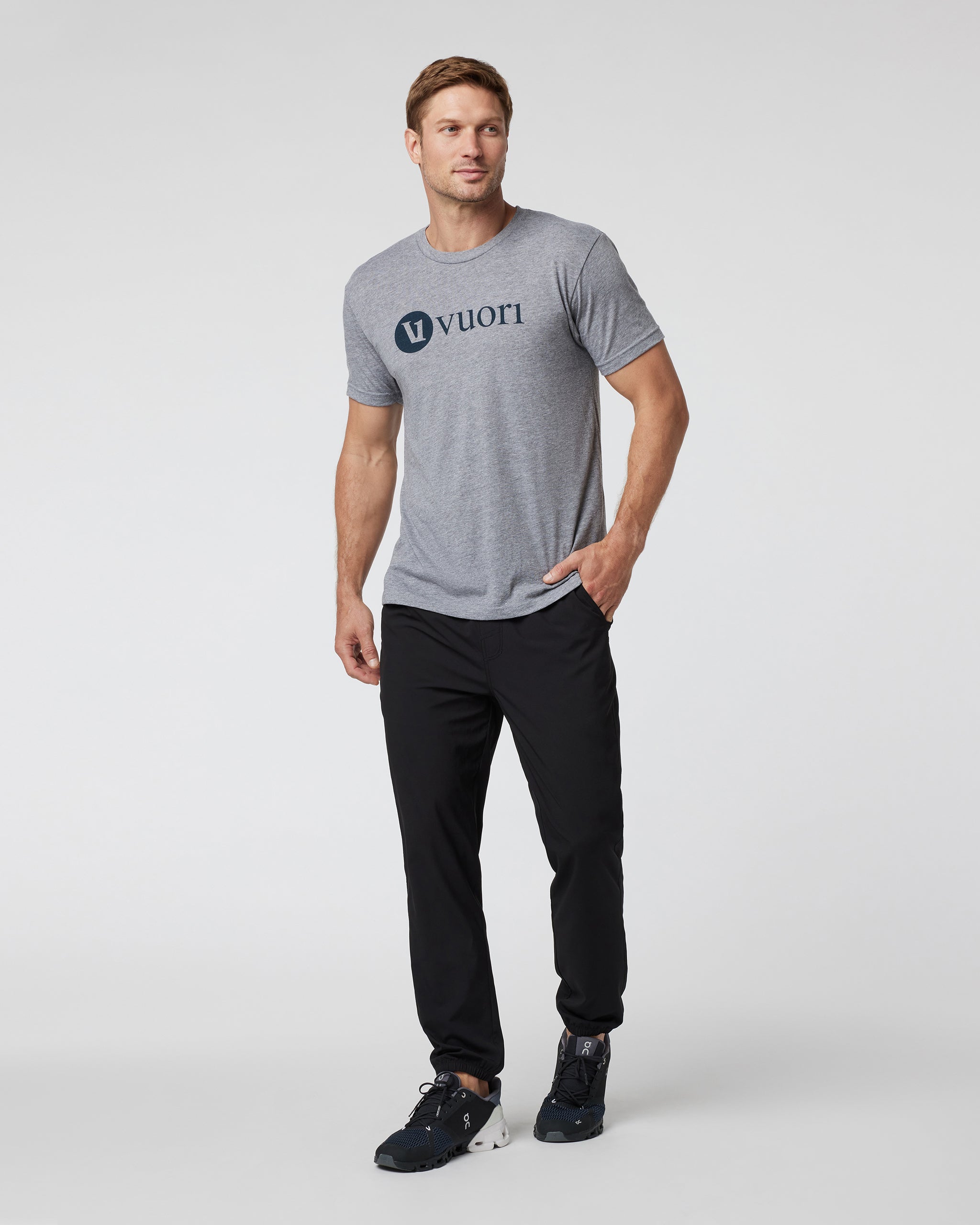 V1 Vuori Wordmark Logo Tee | Heather Grey/Indigo - Image 3