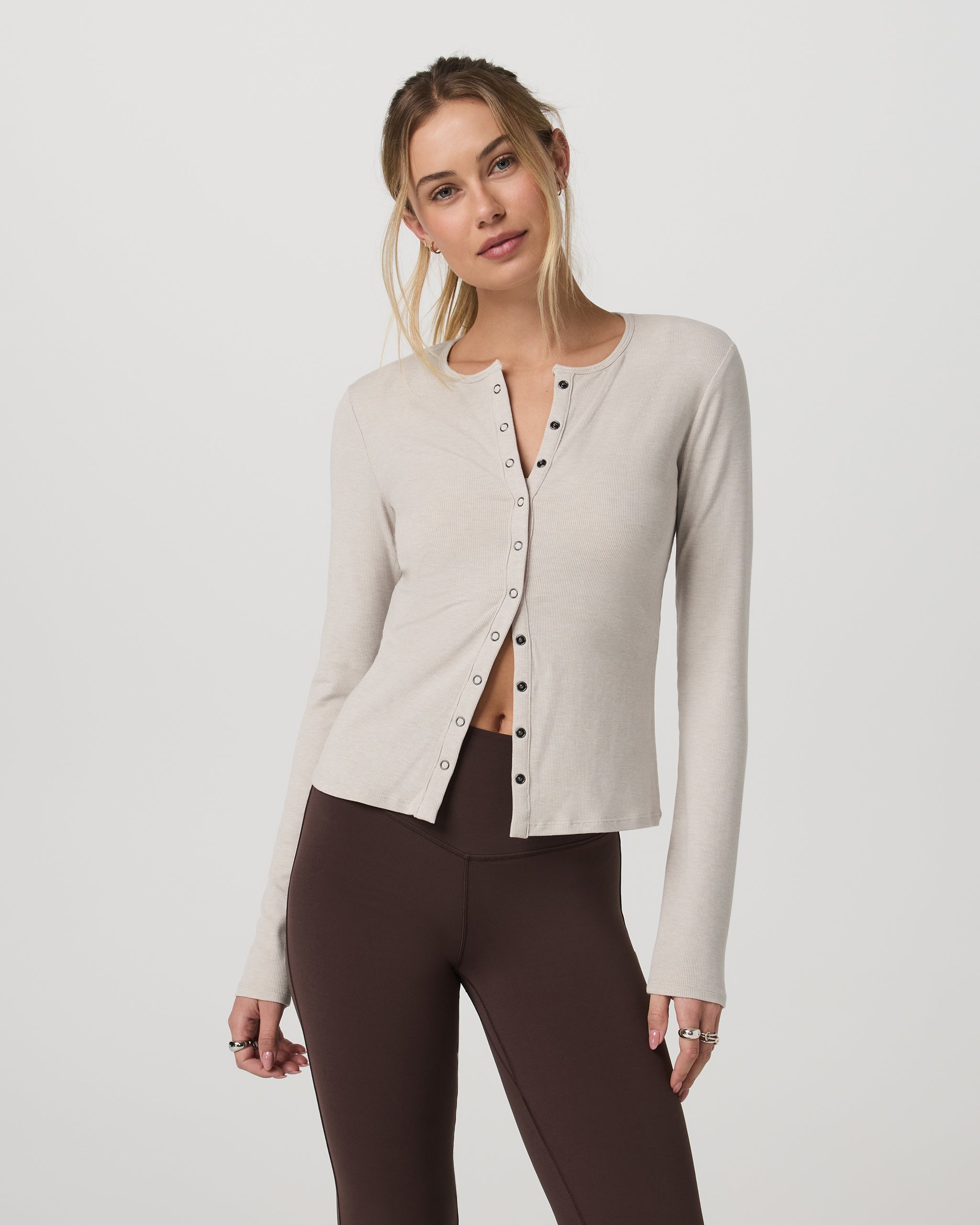 Long Sleeve Pose Twin Cardigan | Ecru Heather - Image 2