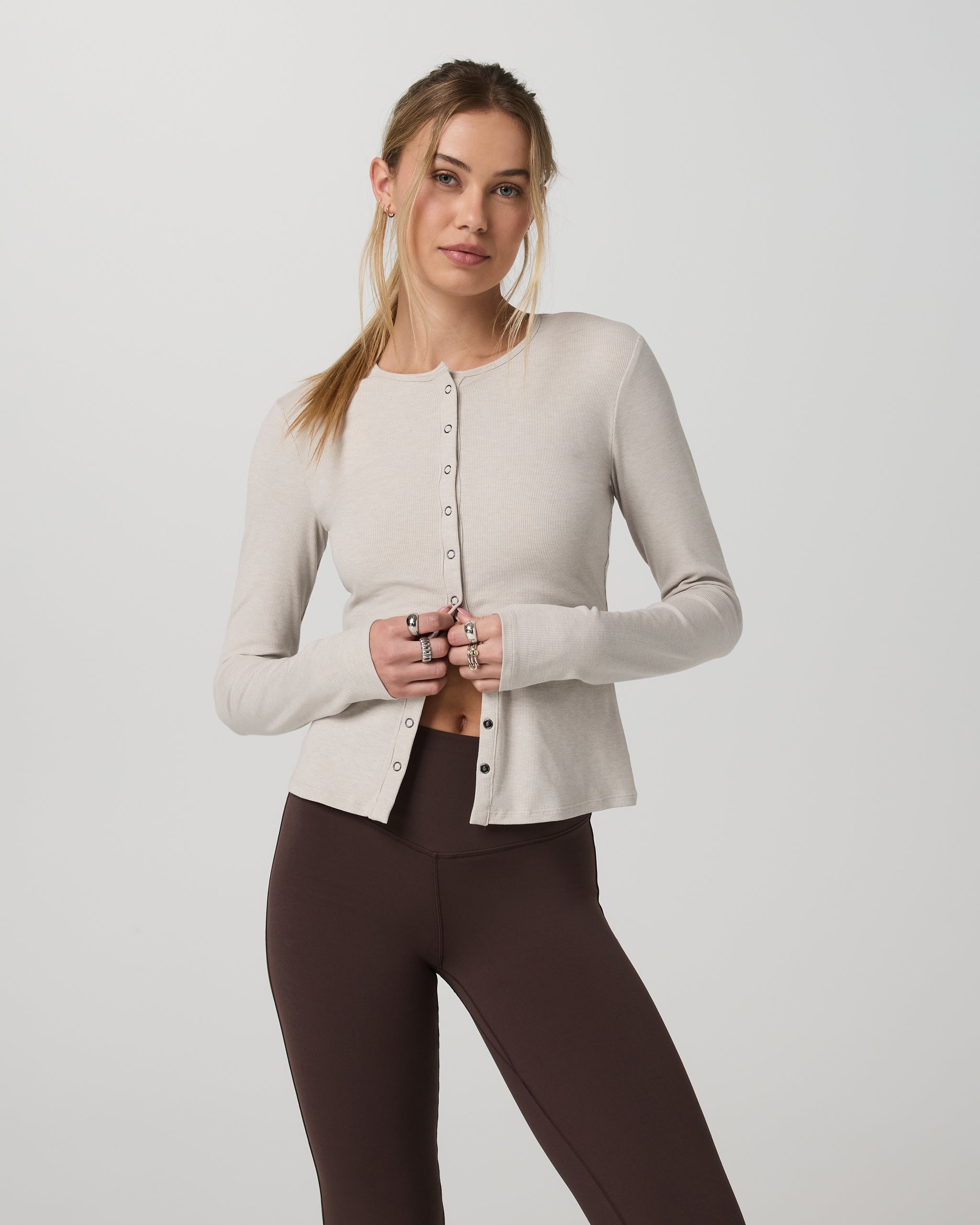 Long Sleeve Pose Twin Cardigan | Ecru Heather - Image 5