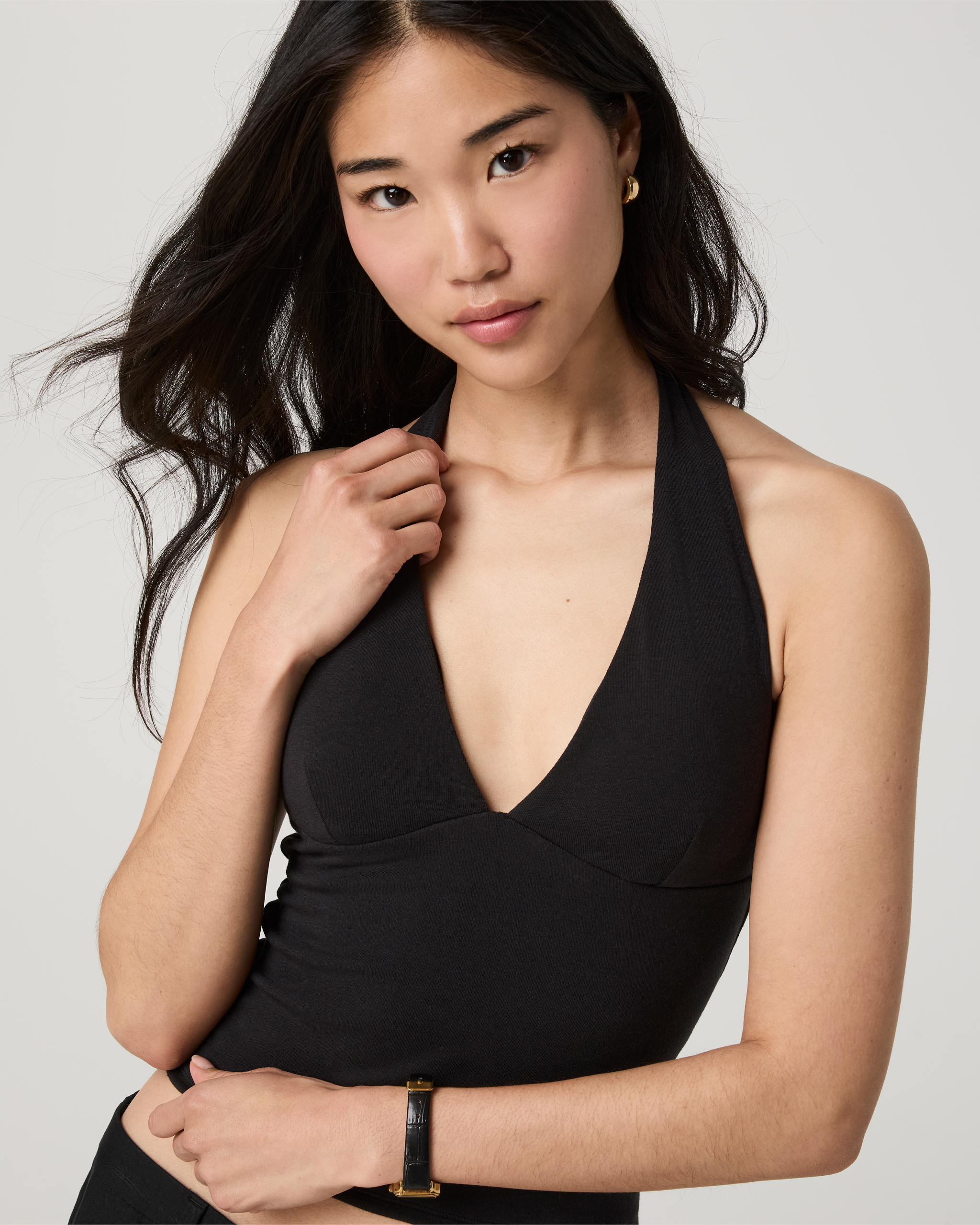 Everyday Cotton Stretch Plunge Halter | Black - Image 2