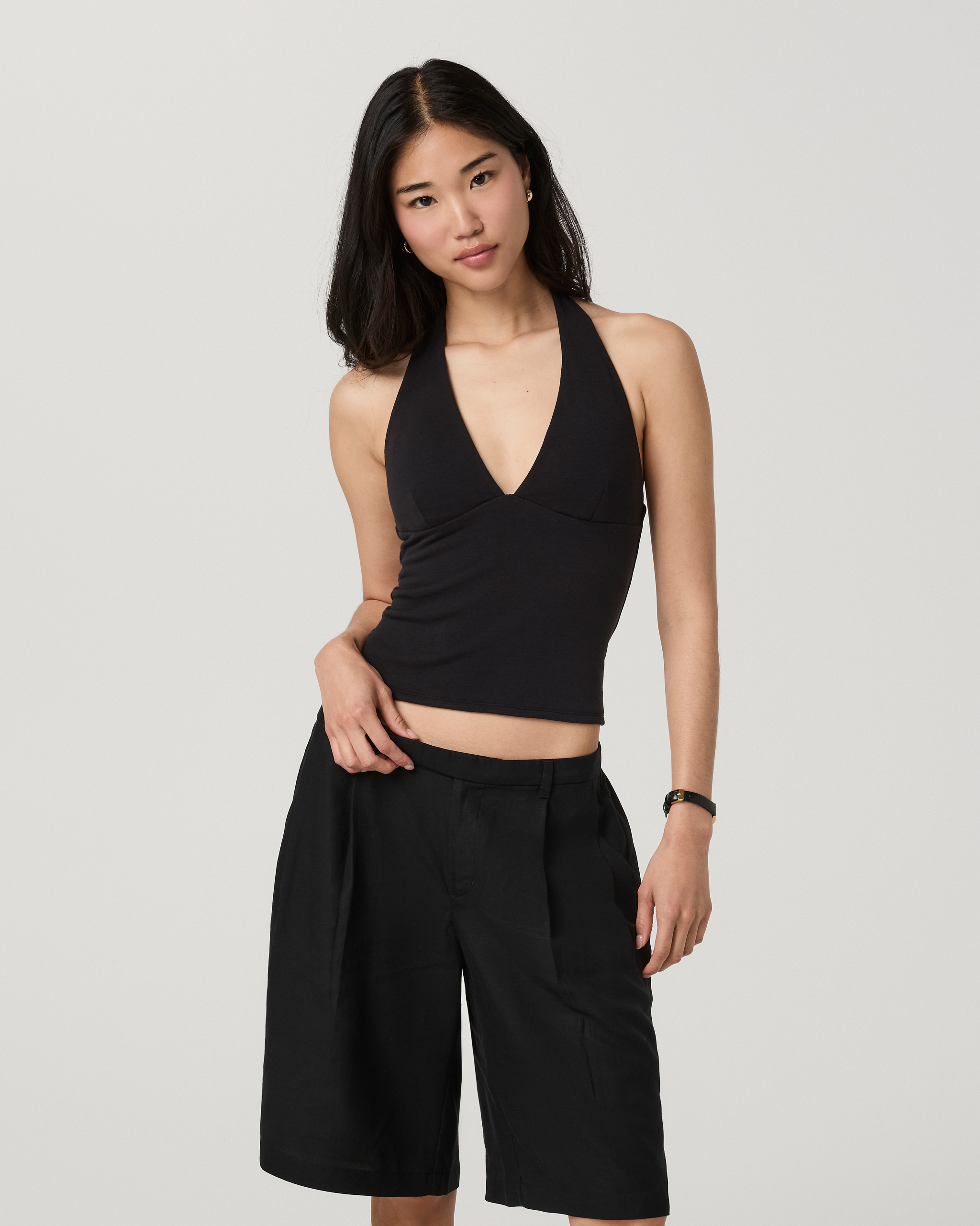 Everyday Cotton Stretch Plunge Halter | Black - Image 5