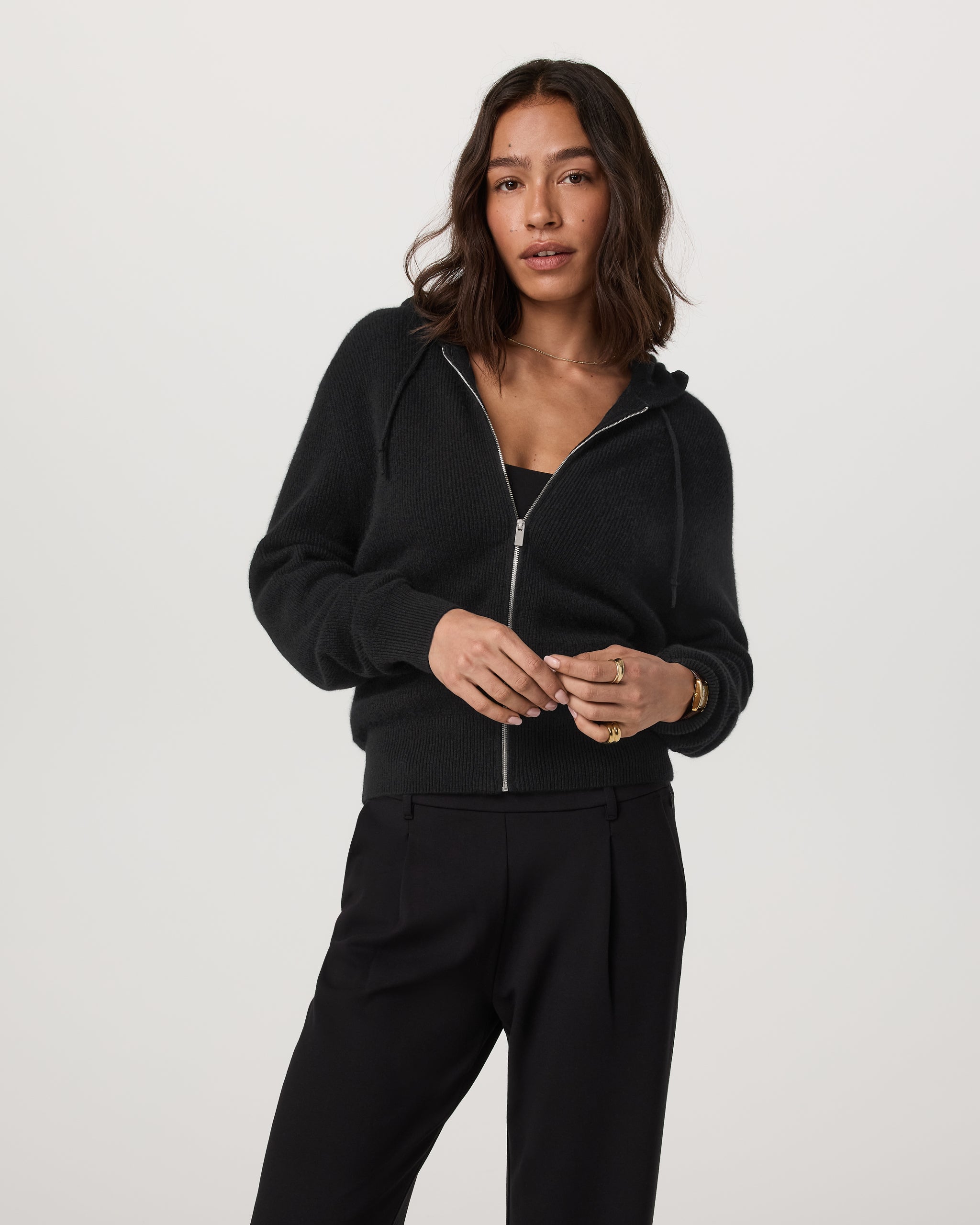 Émilie Full Zip Cashmere Rib Hoodie | Black