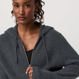 Émilie Full Zip Cashmere Rib Hoodie | Charcoal Heather