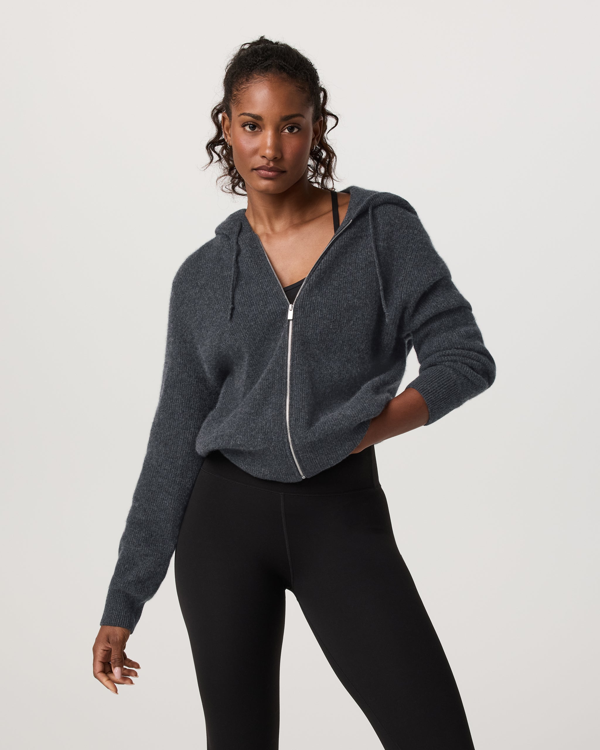 Émilie Full Zip Cashmere Rib Hoodie | Charcoal Heather - Image 2