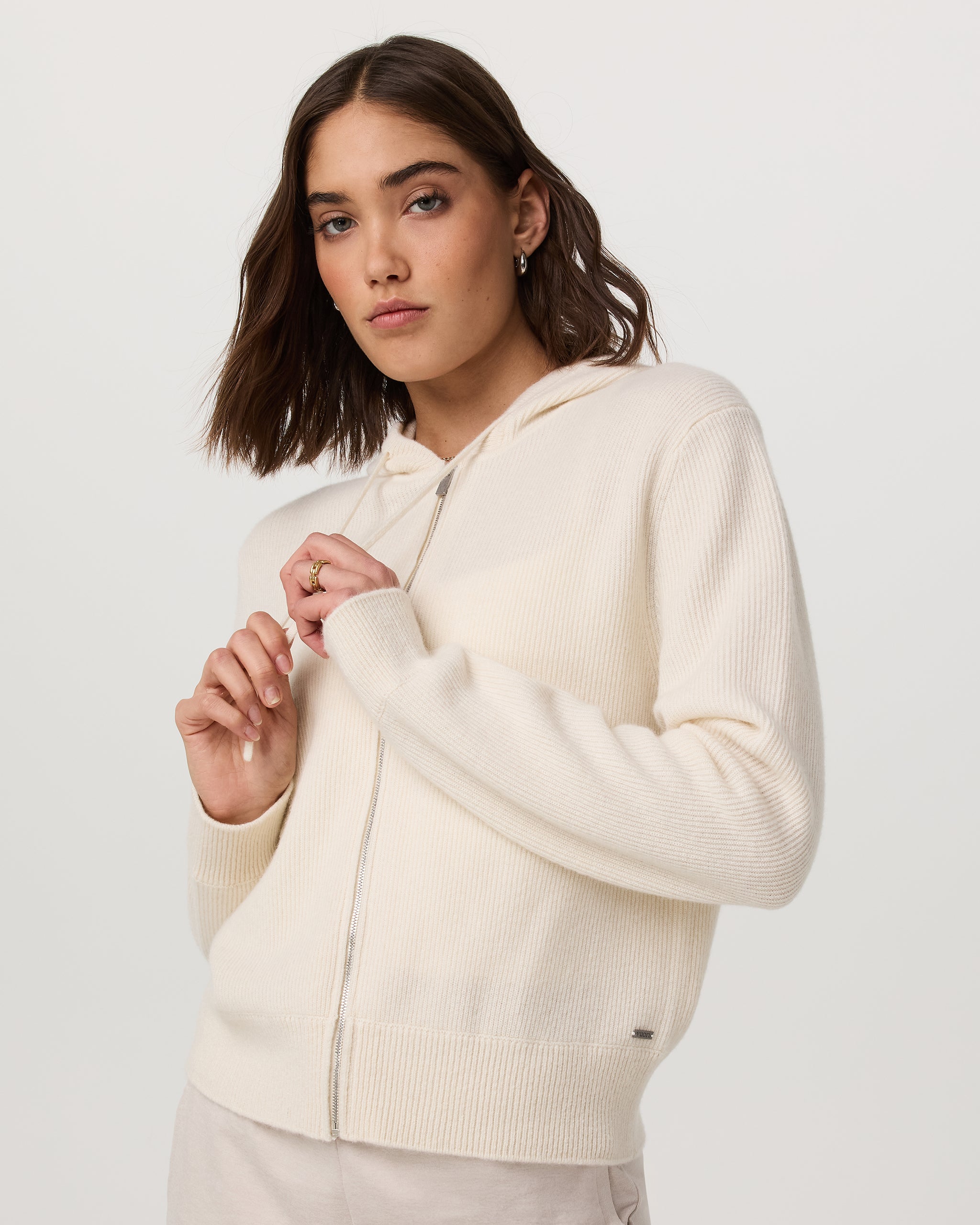 Émilie Full Zip Cashmere Rib Hoodie | Porcelain - Image 4