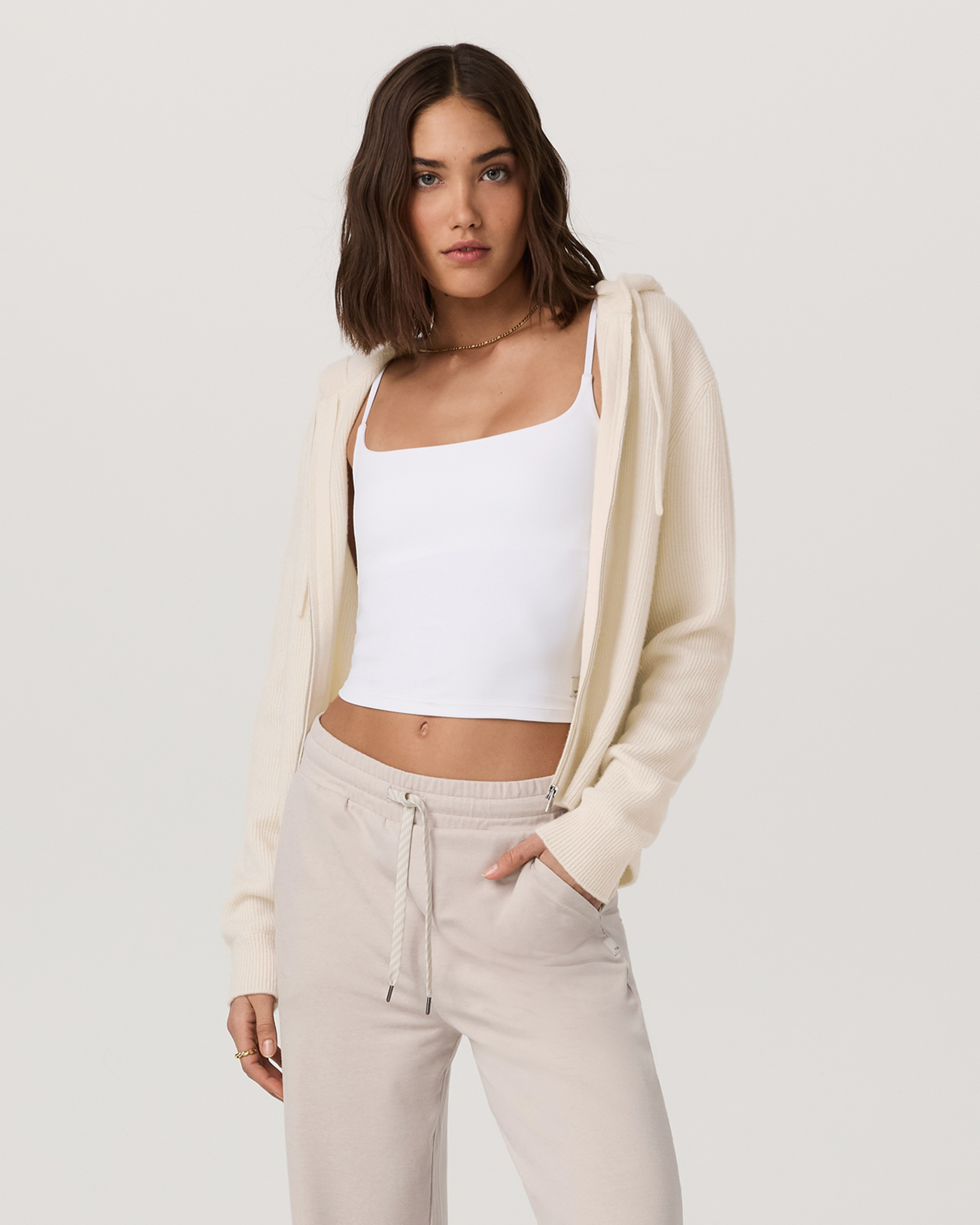 Émilie Full Zip Cashmere Rib Hoodie | Porcelain - Image 2