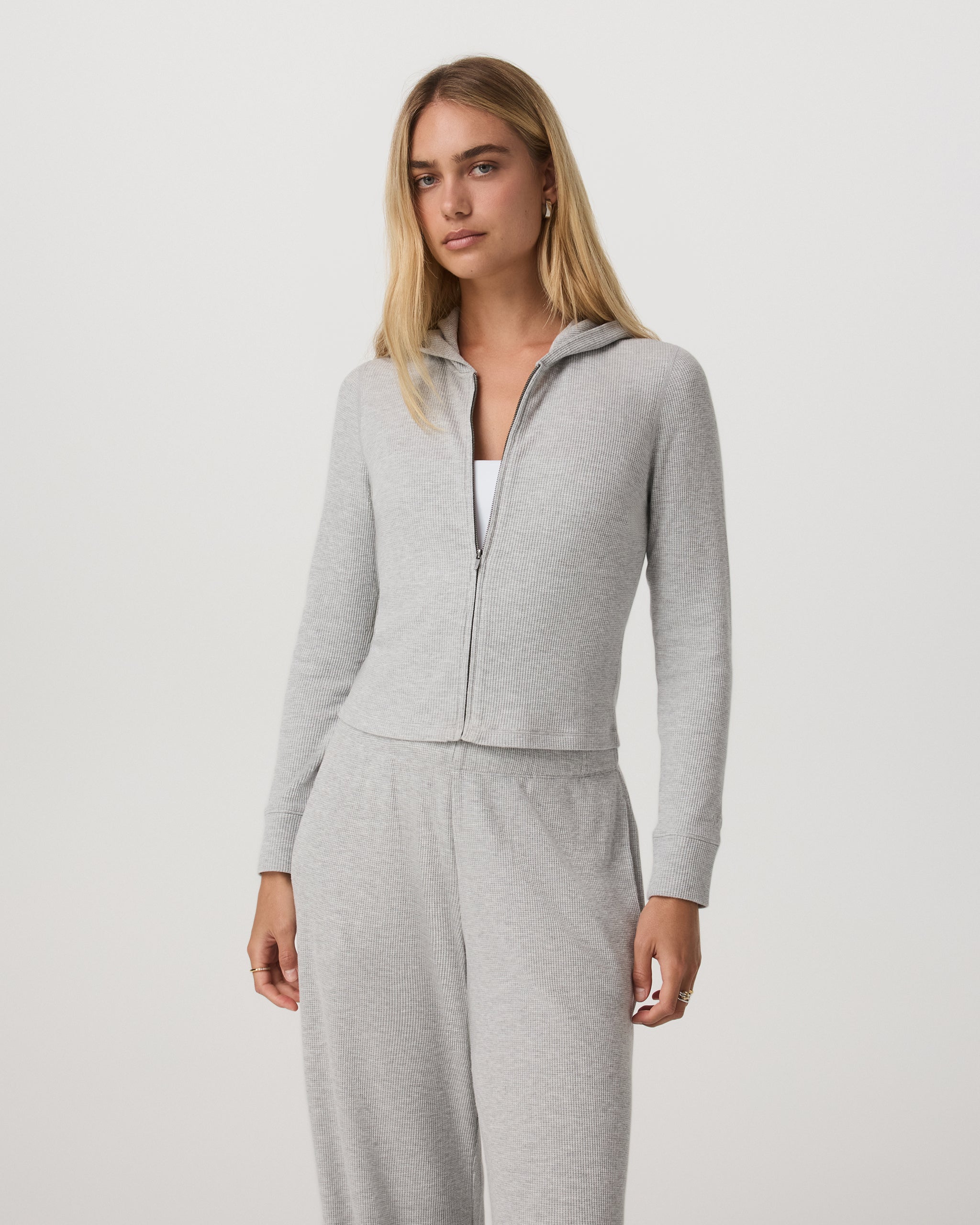 Waffle Full Zip Hoodie | Light Heather Grey - Image 5