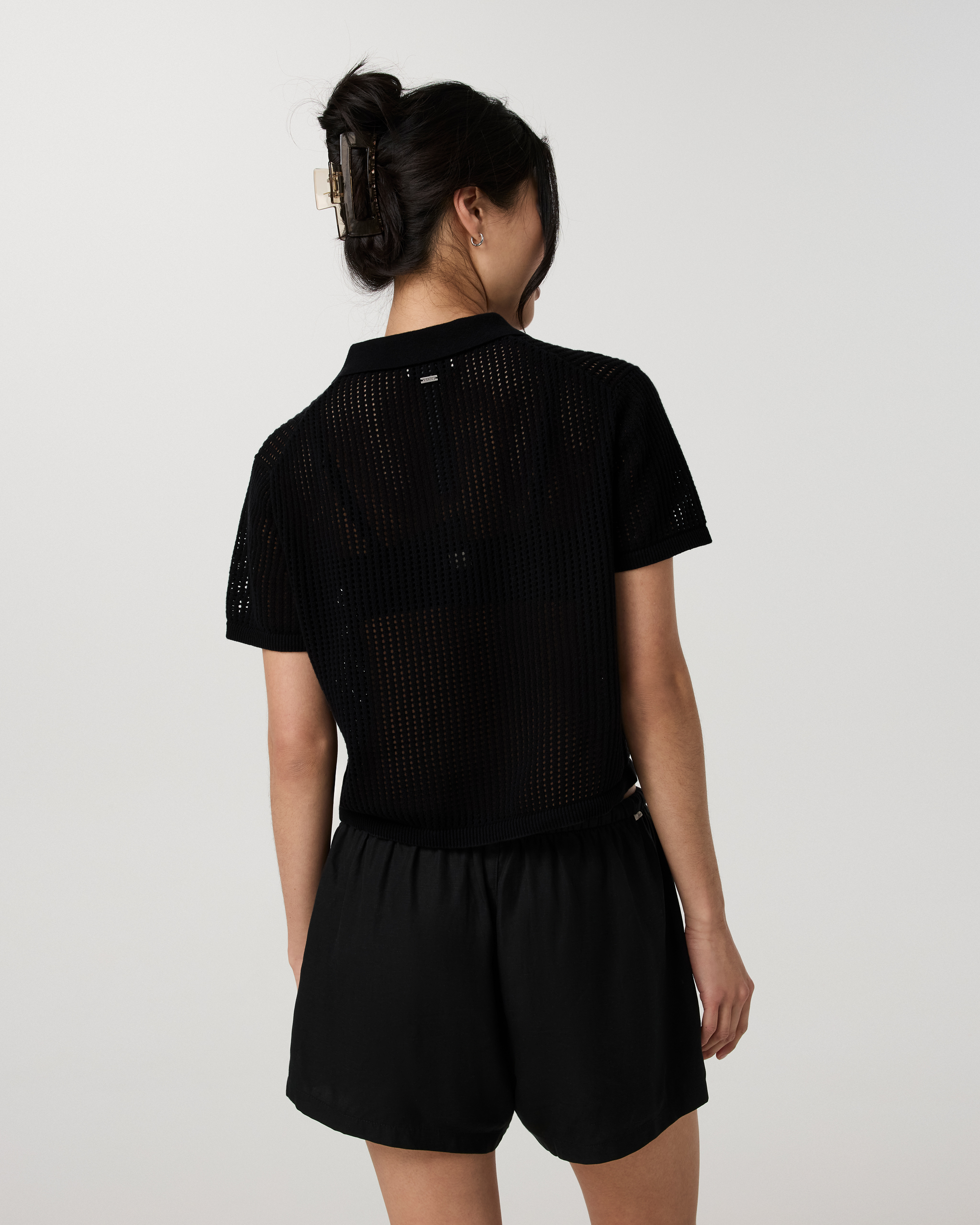 Short Sleeve Knitted Mesh Polo | Black - Image 3