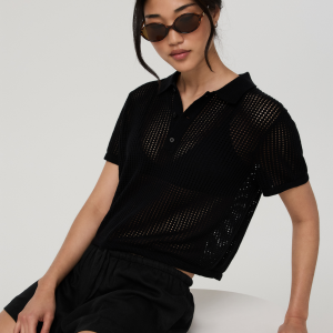 Short Sleeve Knitted Mesh Polo | Black