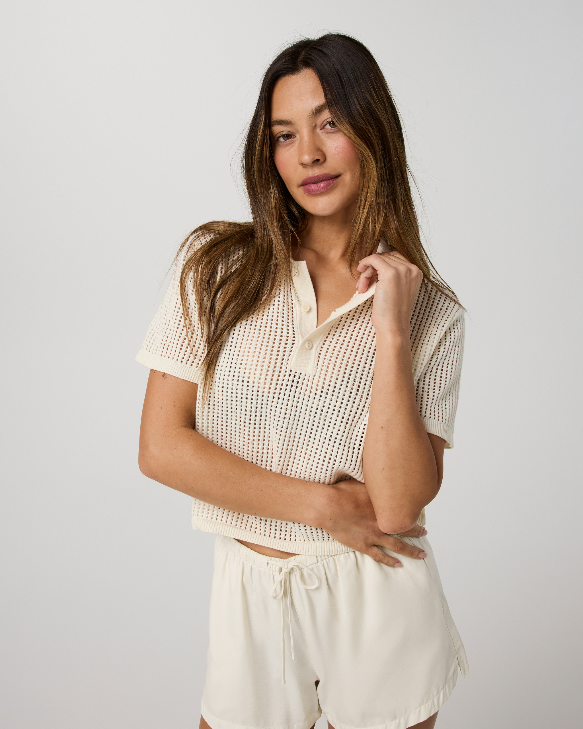 Short Sleeve Knitted Mesh Polo | Natural - Image 2